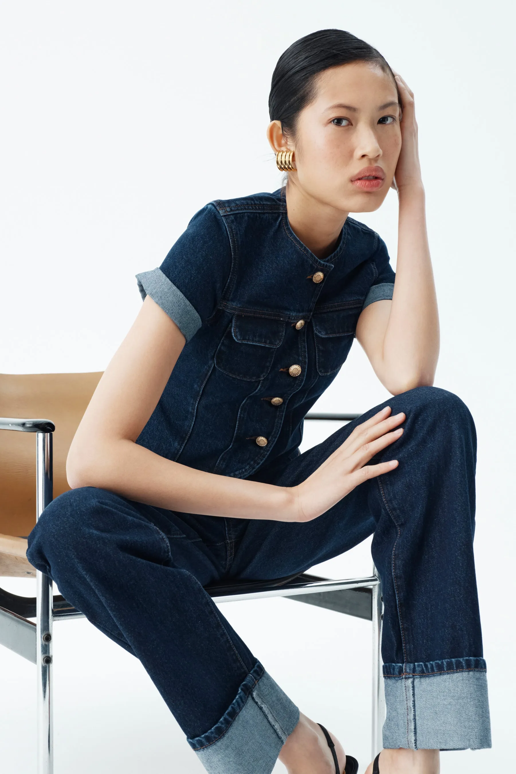 Marge Fitted Denim Short Sleeve Top - Indigo Blue LatticeKnit TaglessNecklineComfort