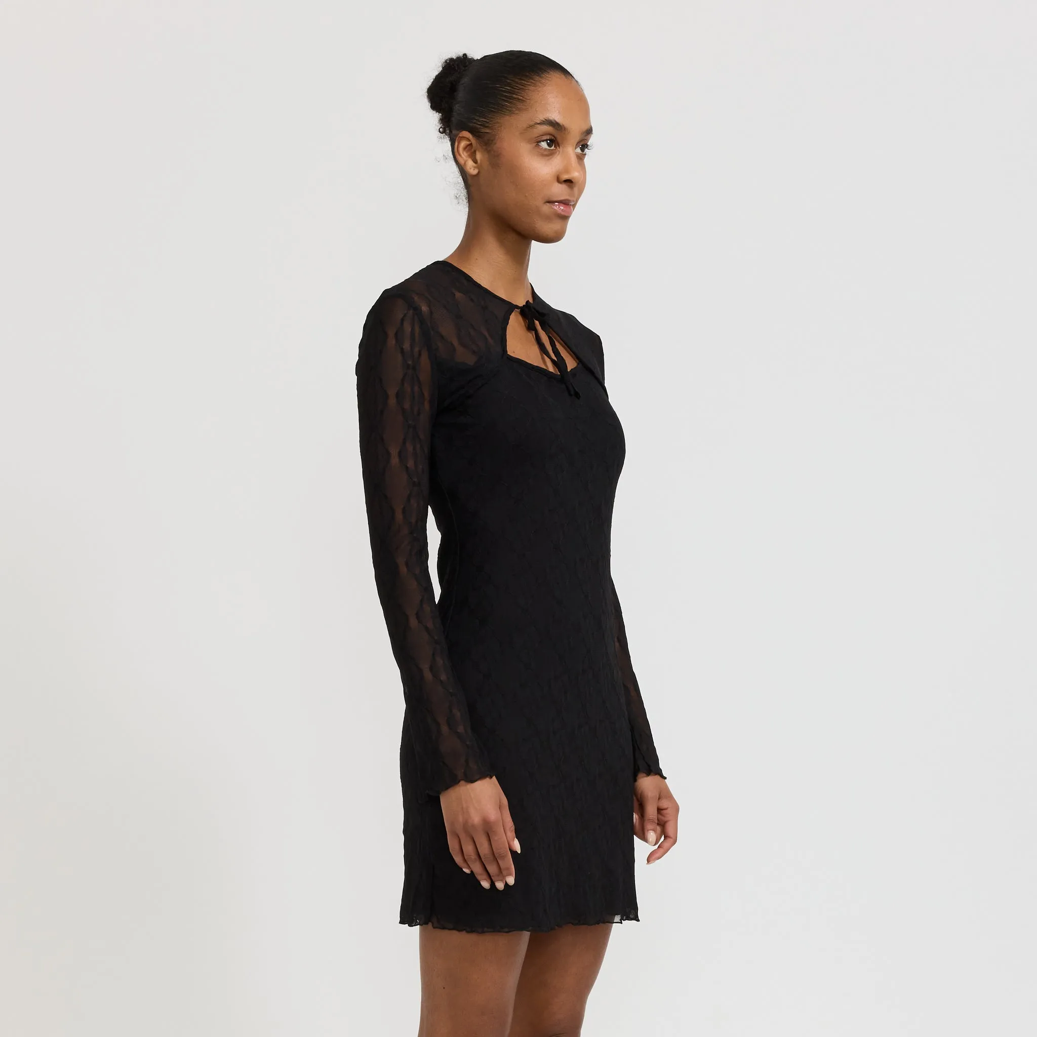 All Day Care-Instructions-Included Mariposa Long Sleeve Bow Mini Dress Black