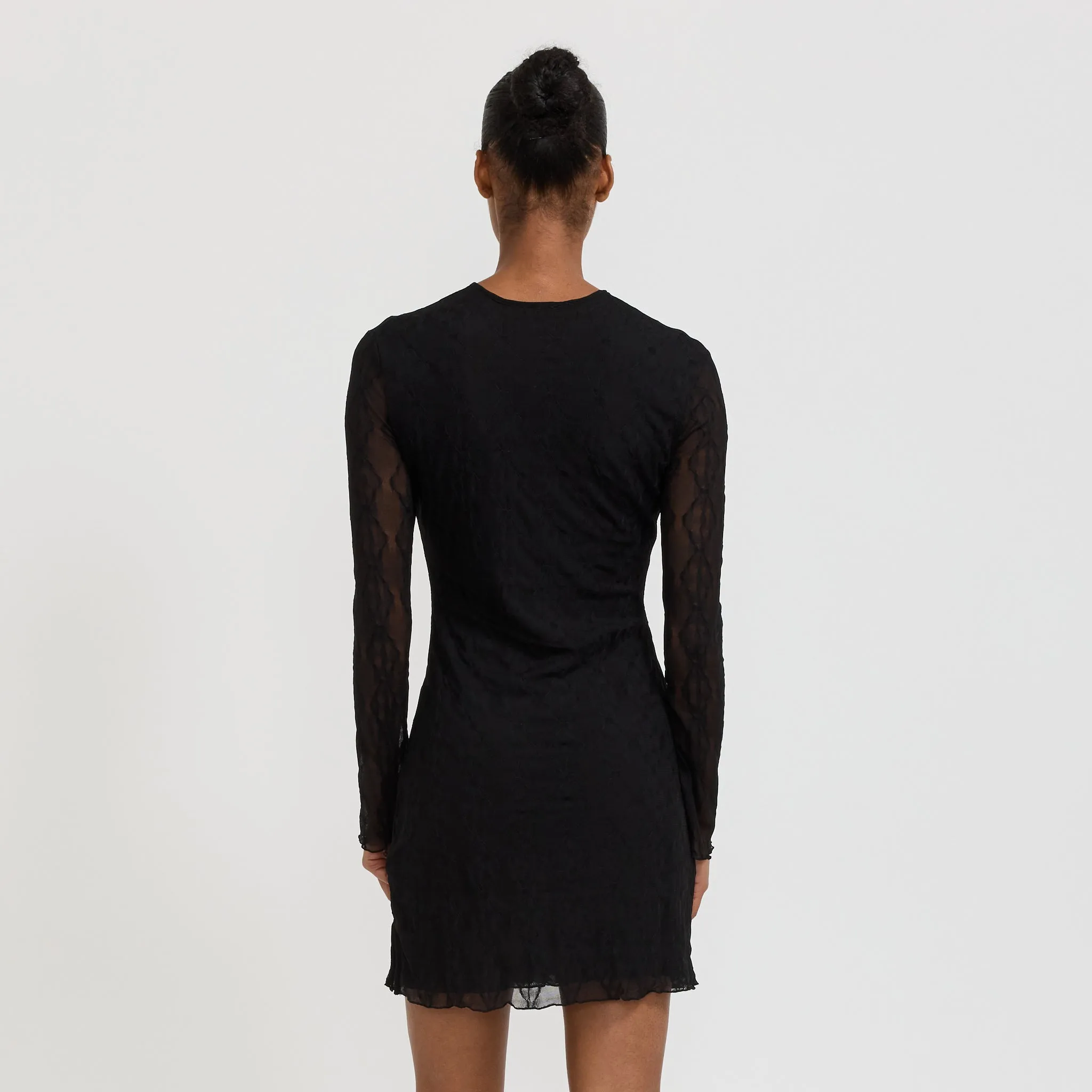 Mariposa Long Sleeve Bow Mini Dress Black Semi Sheer Curvy Glam