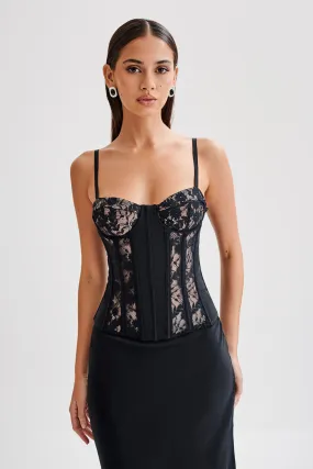 Maryse Satin And Lace Corset Top - Black Bonded Hemline