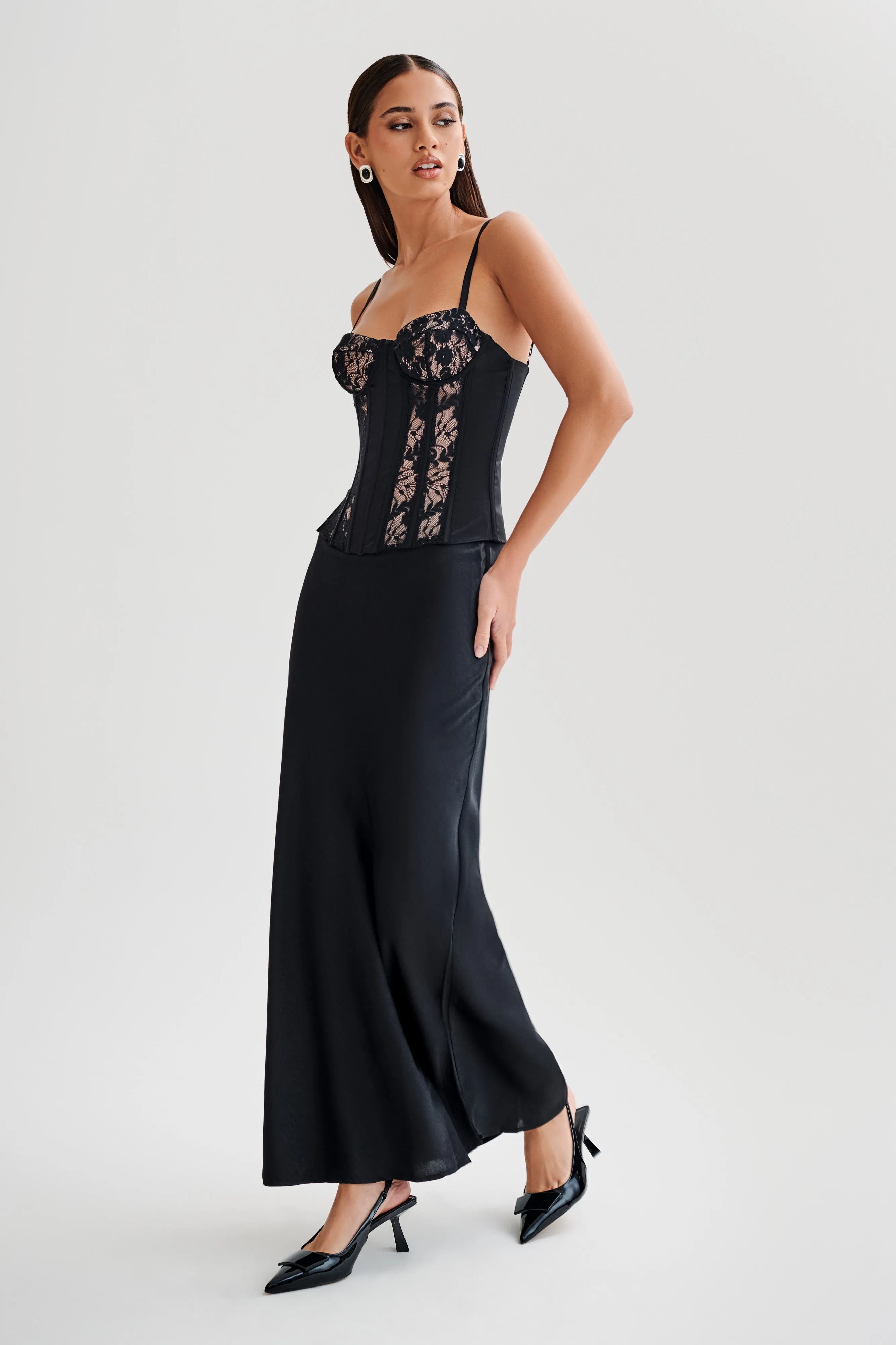 Maryse Satin And Lace Corset Top - Black Anti Odor Treatment AdjustableNeckline