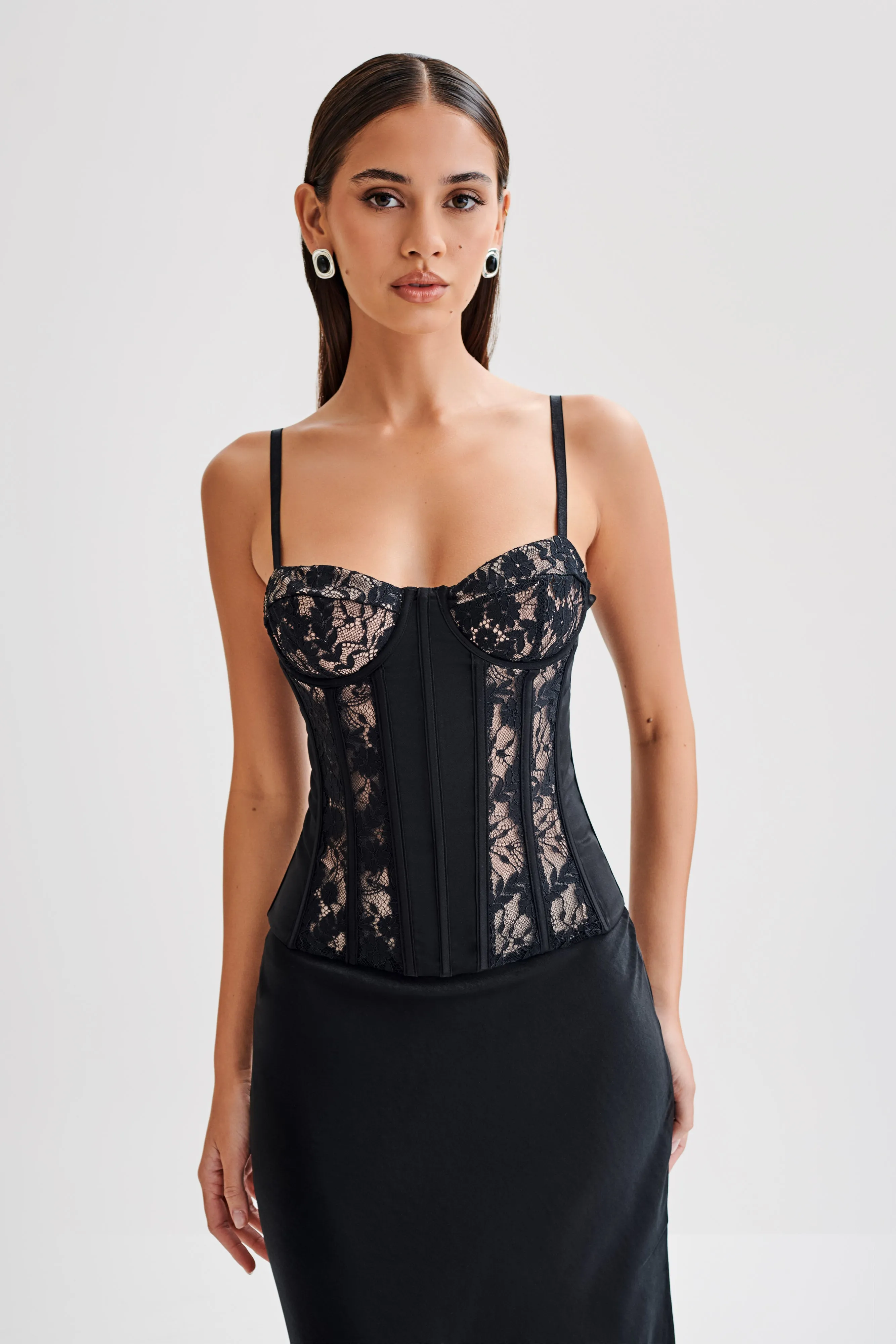 Maryse Satin And Lace Corset Top - Black Bonded Hemline