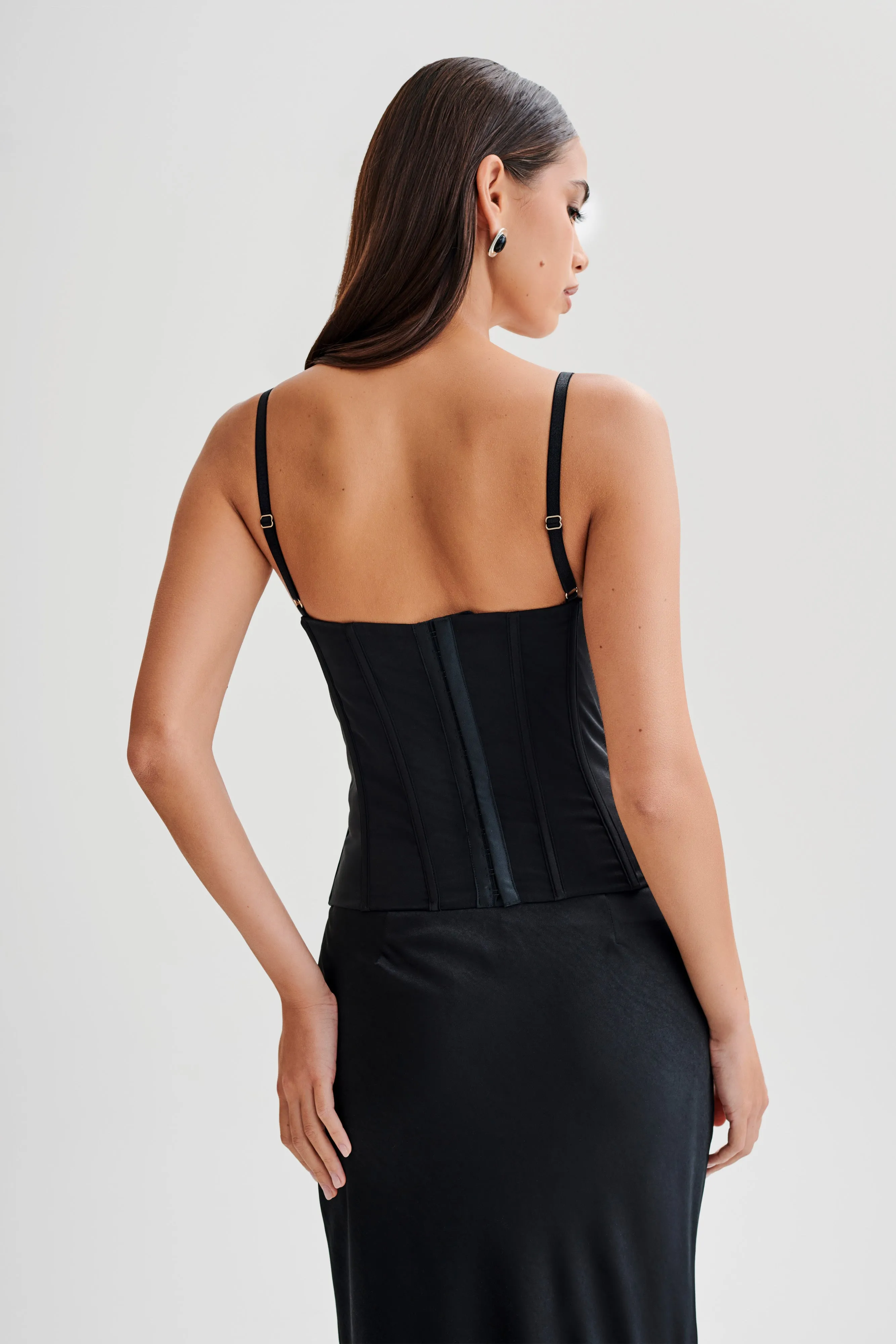 Non Chafing Side Seams Maryse Satin And Lace Corset Top - Black
