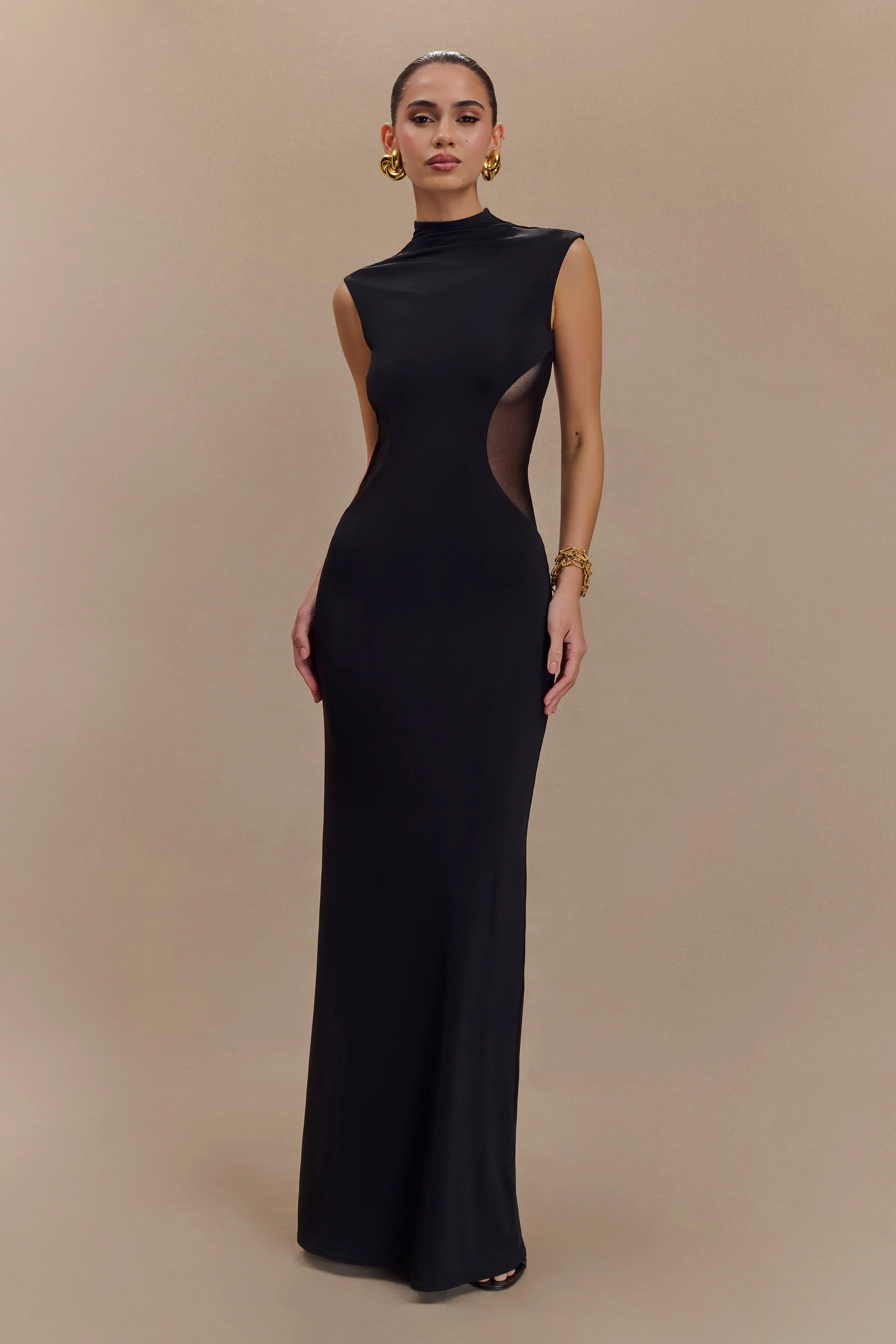 Massie Slinky And Mesh Maxi Dress - Black Cut-Out-Detail Puff-Sleeve