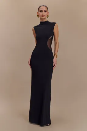 Massie Slinky And Mesh Maxi Dress - Black Cut-Out-Detail Puff-Sleeve