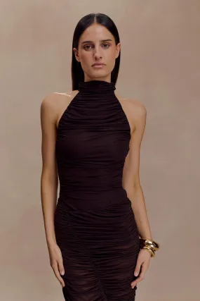 CompressionSupportWeave TaglessCollars Matilda Ruched Mesh Bodysuit - Chocolate