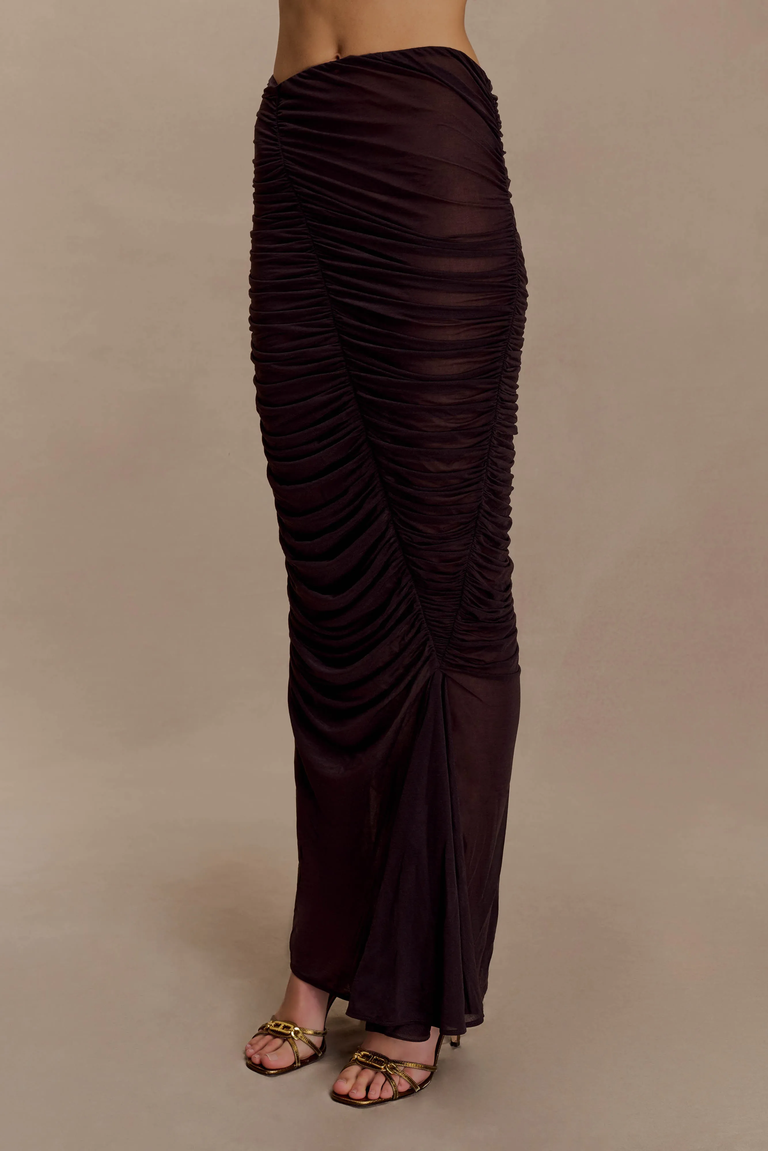 Matilda Ruched Mesh Maxi Skirt - Chocolate Flexible Layer Fit