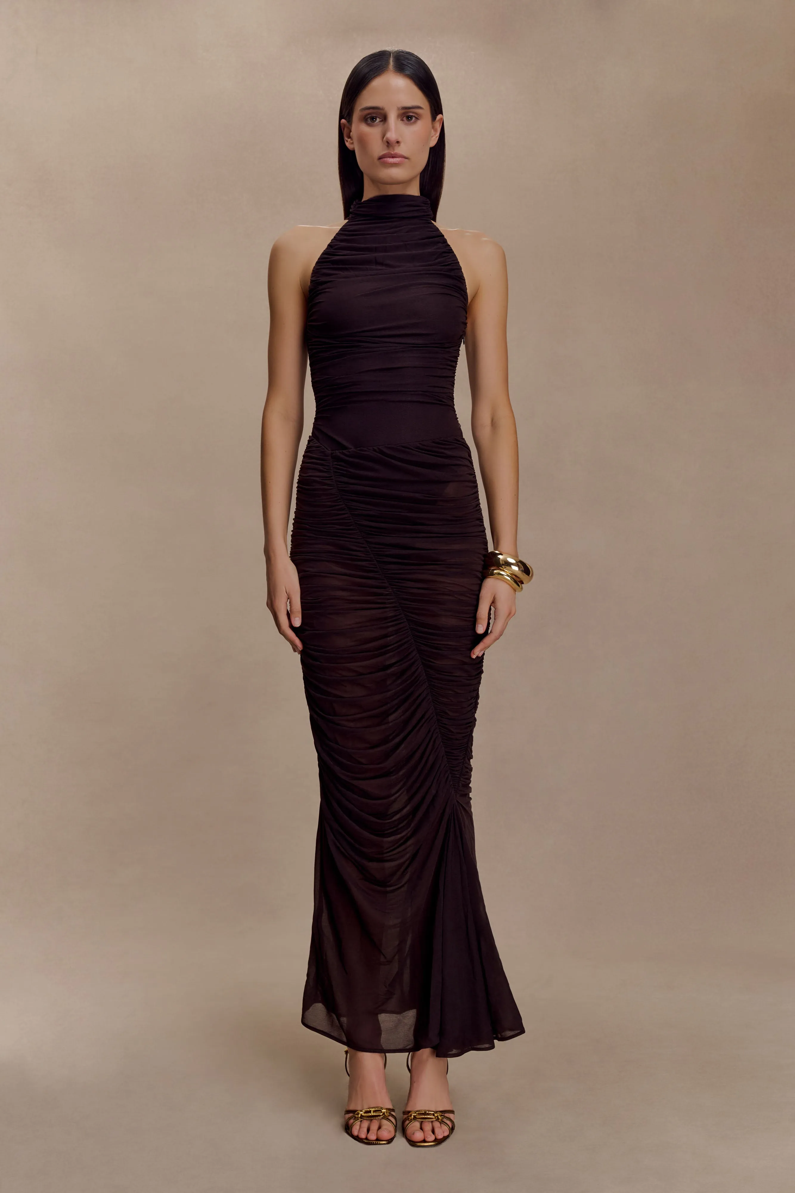 Matilda Ruched Mesh Maxi Skirt - Chocolate Sporty Vibe Slim Wear Design