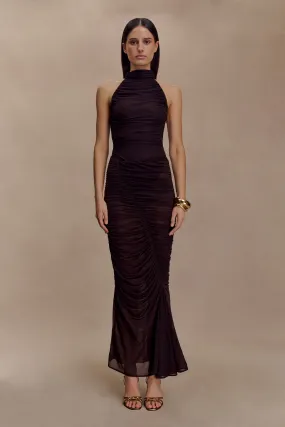 Matilda Ruched Mesh Maxi Skirt - Chocolate Sporty Vibe Slim Wear Design