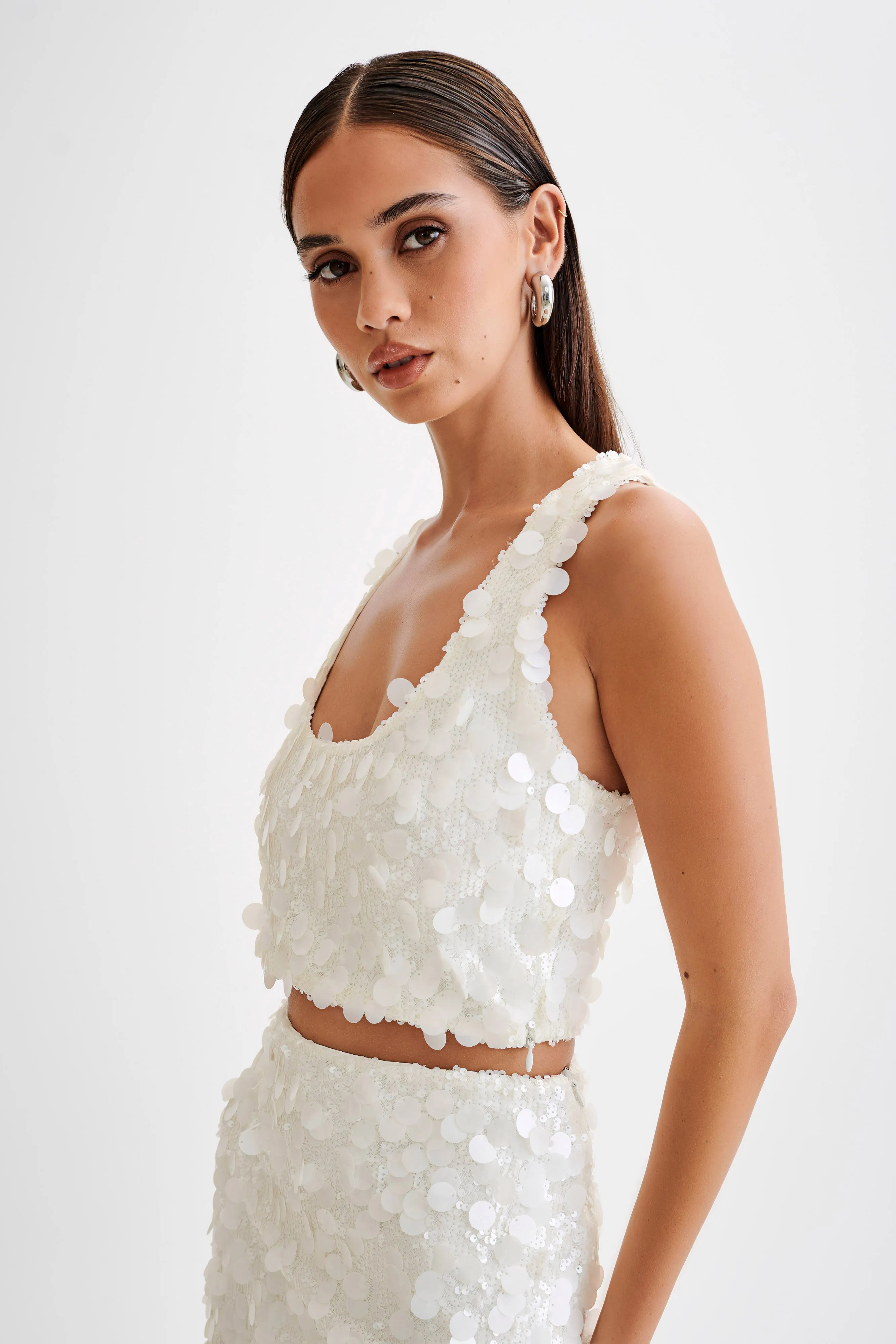 Maude Transparent Sequin Racer Crop Top - Ivory Interlock Stitch Detail Elastic Edge Binding
