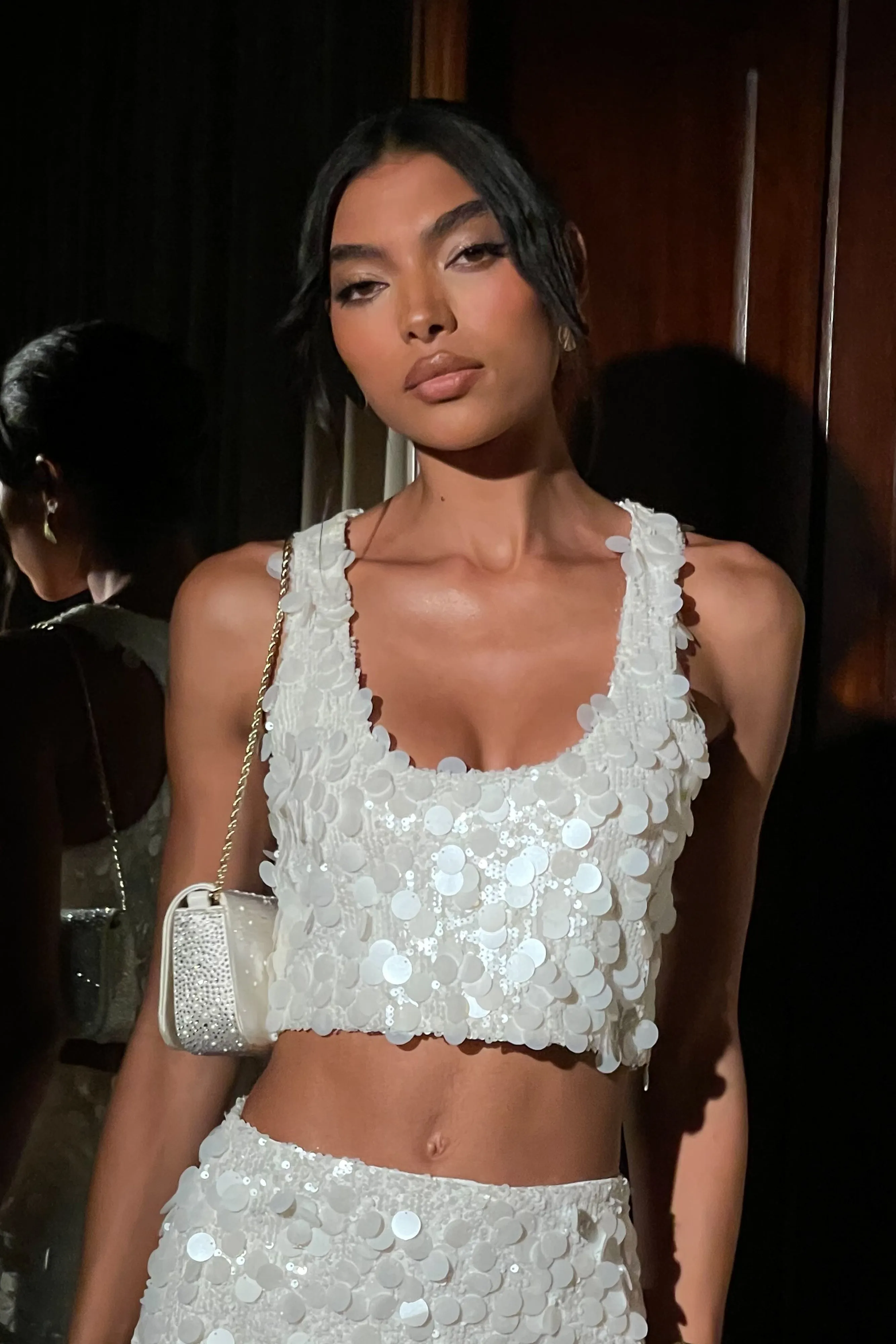 Maude Transparent Sequin Racer Crop Top - Ivory FlexibleRibbing Compression Fit Technology