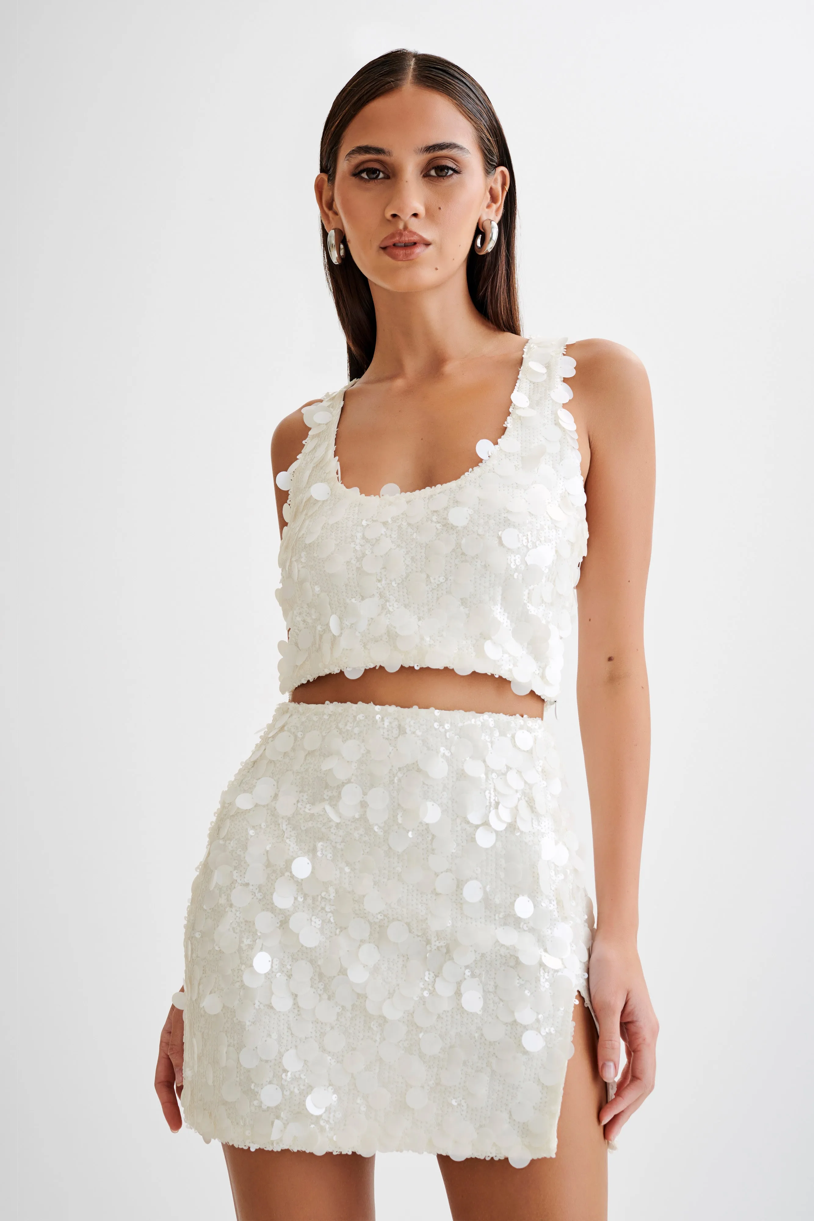 Maude Transparent Sequin Racer Crop Top - Ivory Bluesign Approved Material WrinkleResistant Fabric