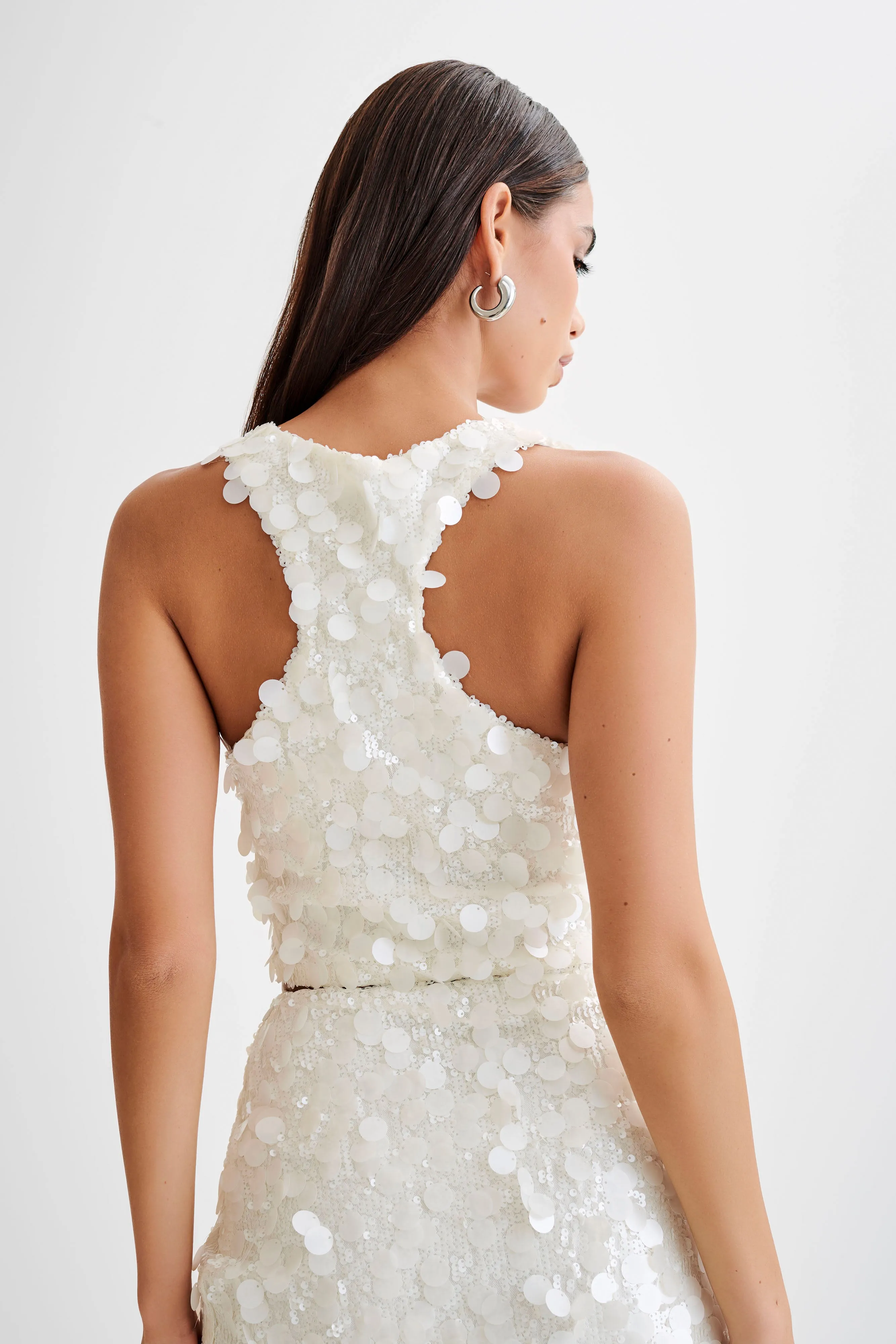 Layered Neckline Maude Transparent Sequin Racer Crop Top - Ivory