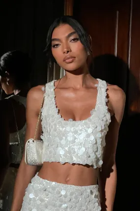 Maude Transparent Sequin Racer Crop Top - Ivory FlexibleRibbing Compression Fit Technology