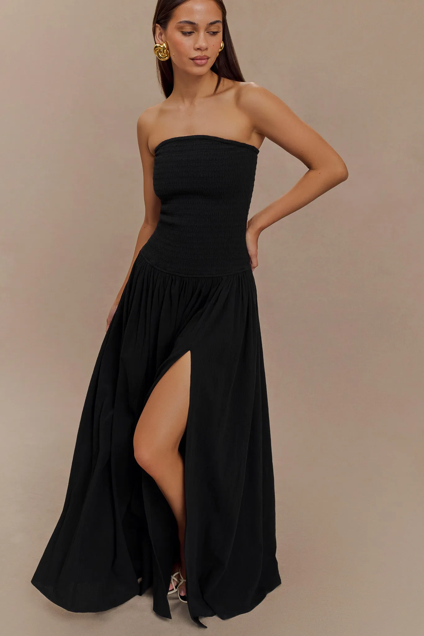Maureen Cotton Shirring Maxi Dress - Black Clean Chic Lounge Base