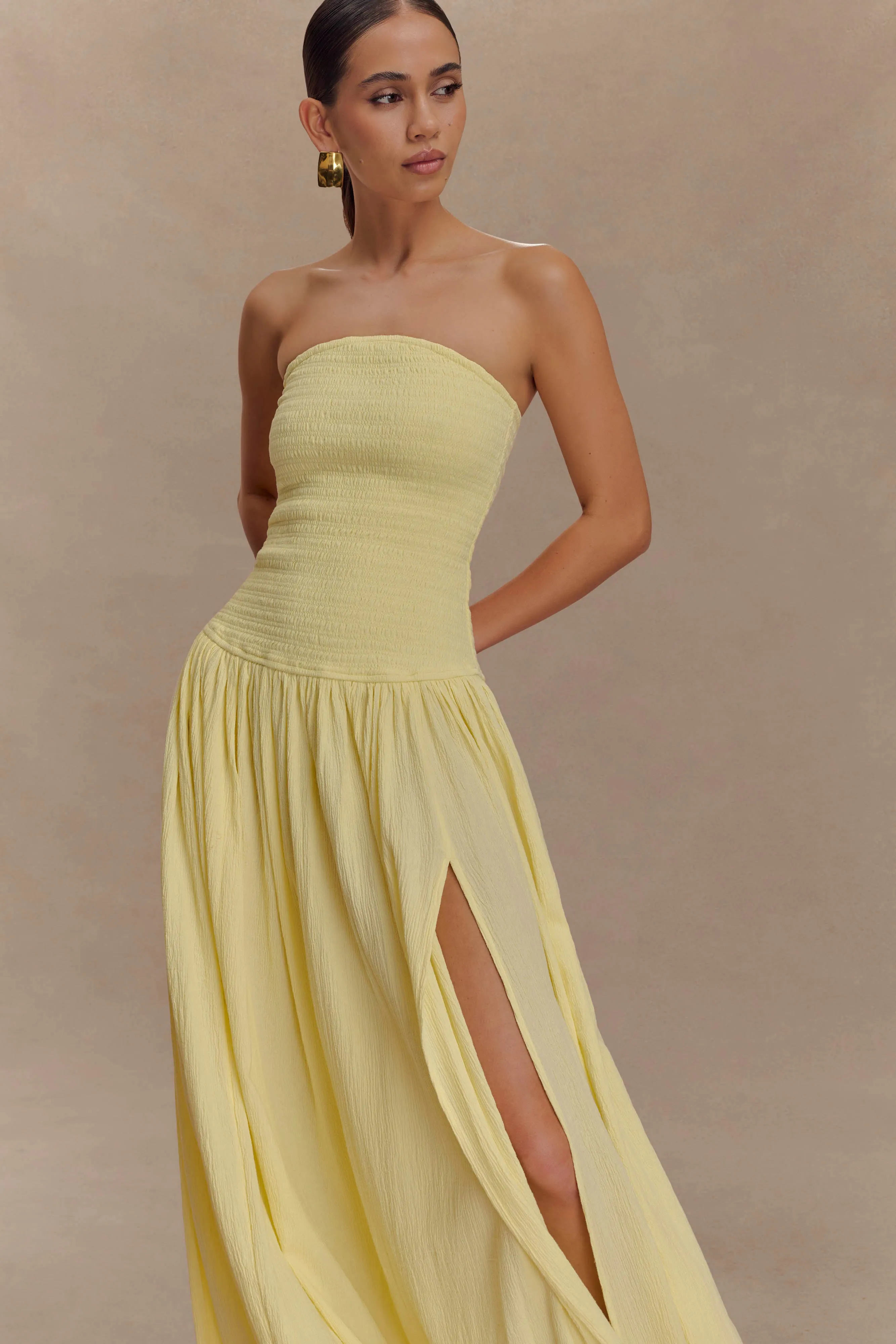 Maureen Cotton Shirring Maxi Dress - Lemon Feminine empire waist dress Elegant Outline