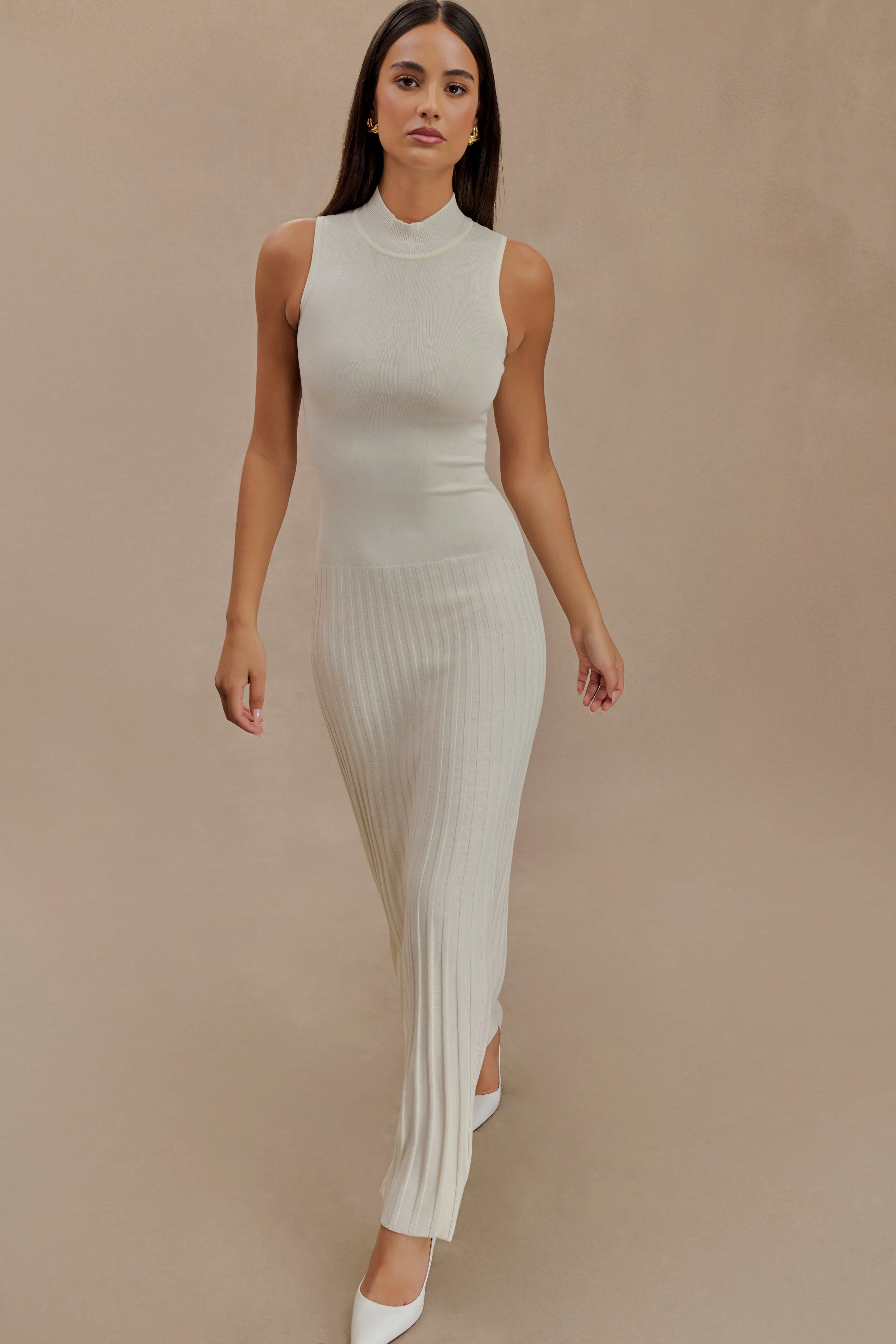 Flowy Layers Side Ruching Mavis High Neck Pleated Maxi Dress - Ivory