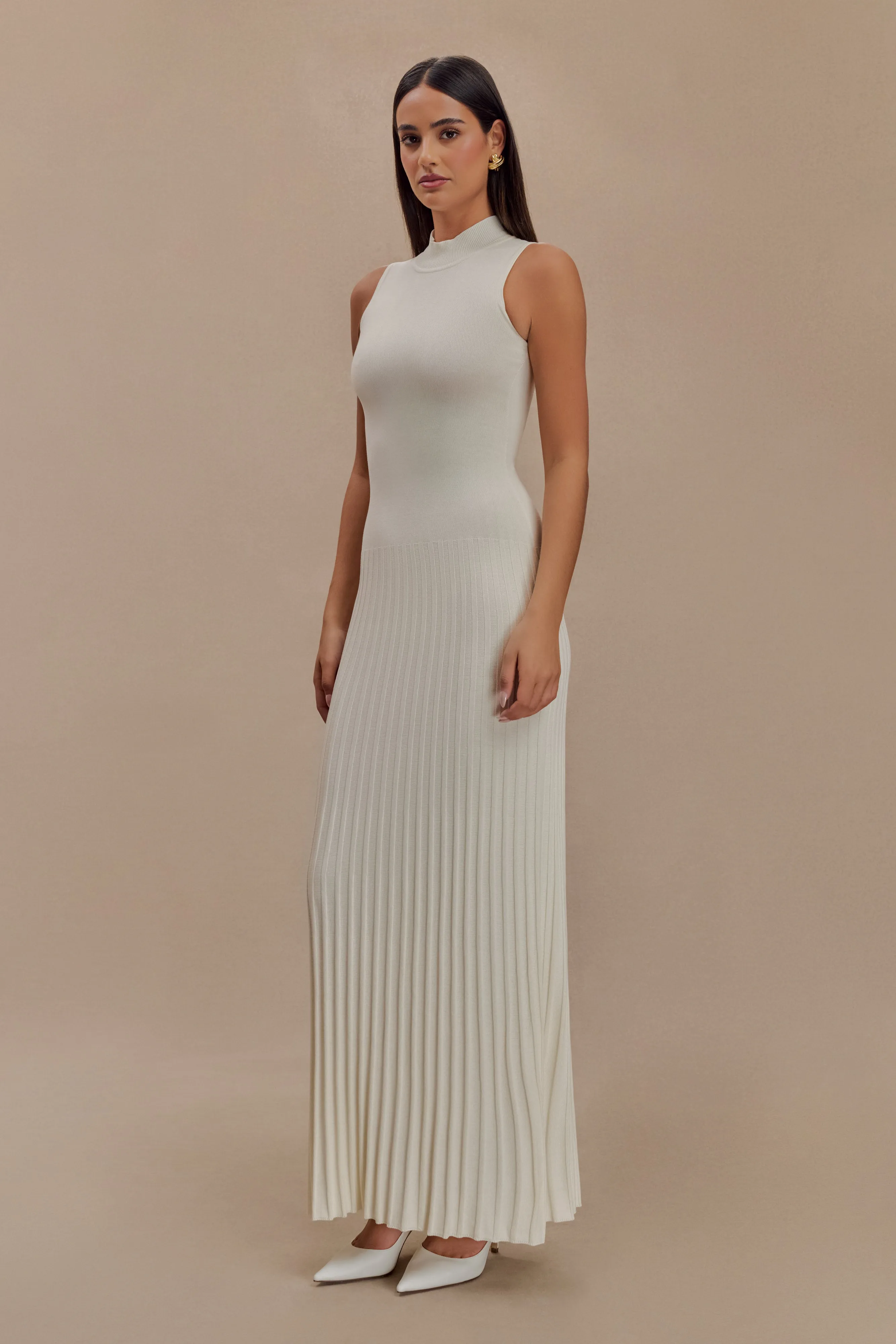 Mavis High Neck Pleated Maxi Dress - Ivory Perfect Wearable