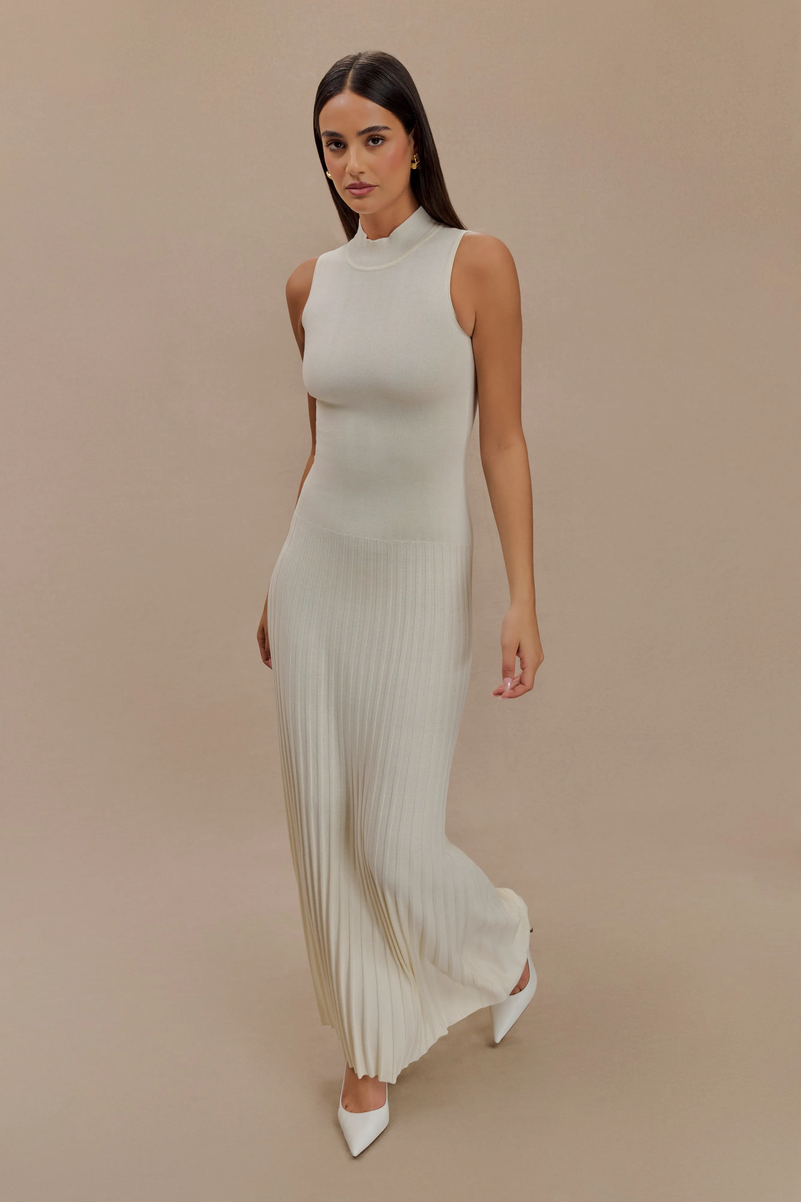 Easy Layering Piece Modern Layers Mavis High Neck Pleated Maxi Dress - Ivory