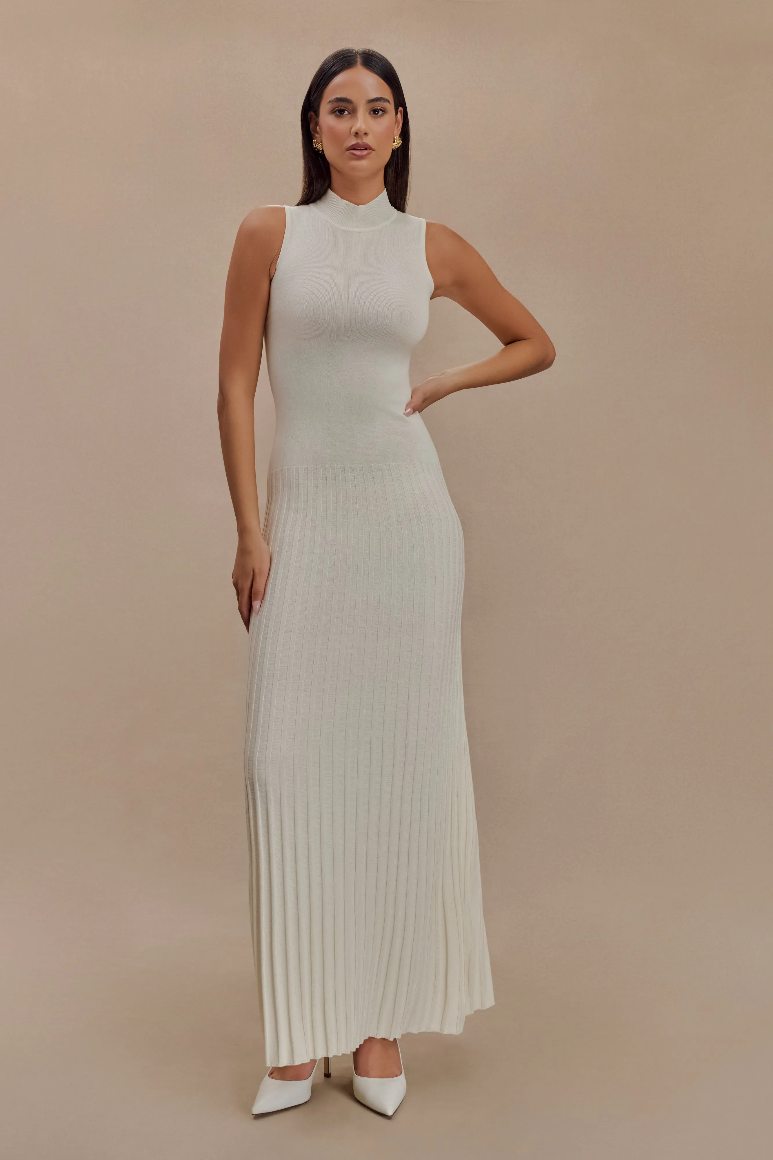 Mavis High Neck Pleated Maxi Dress - Ivory Travel Vibe