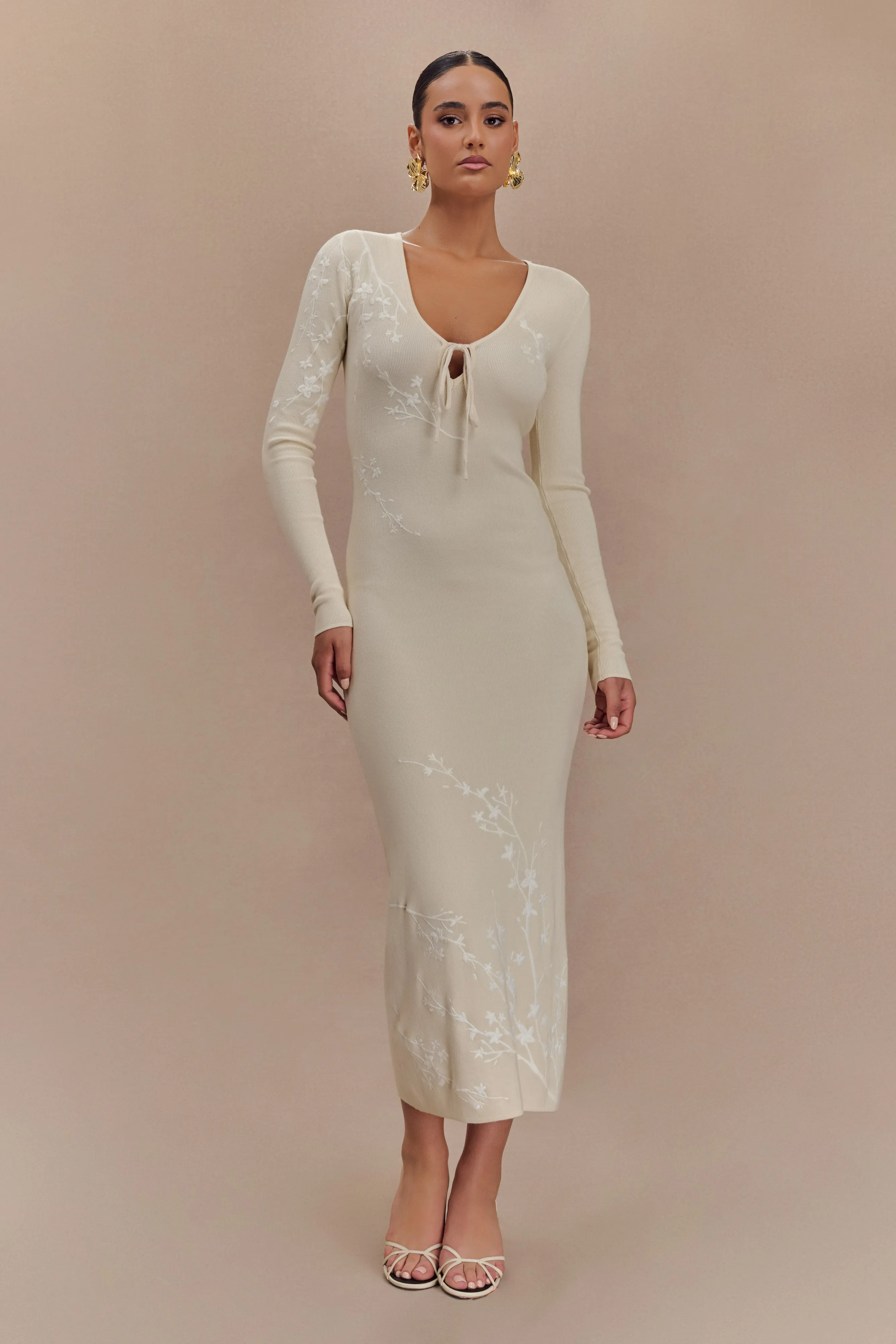 Dinner Outfit Tall-Fit Mckenna Embroidered Knit Midi Dress - Cream And Ivory