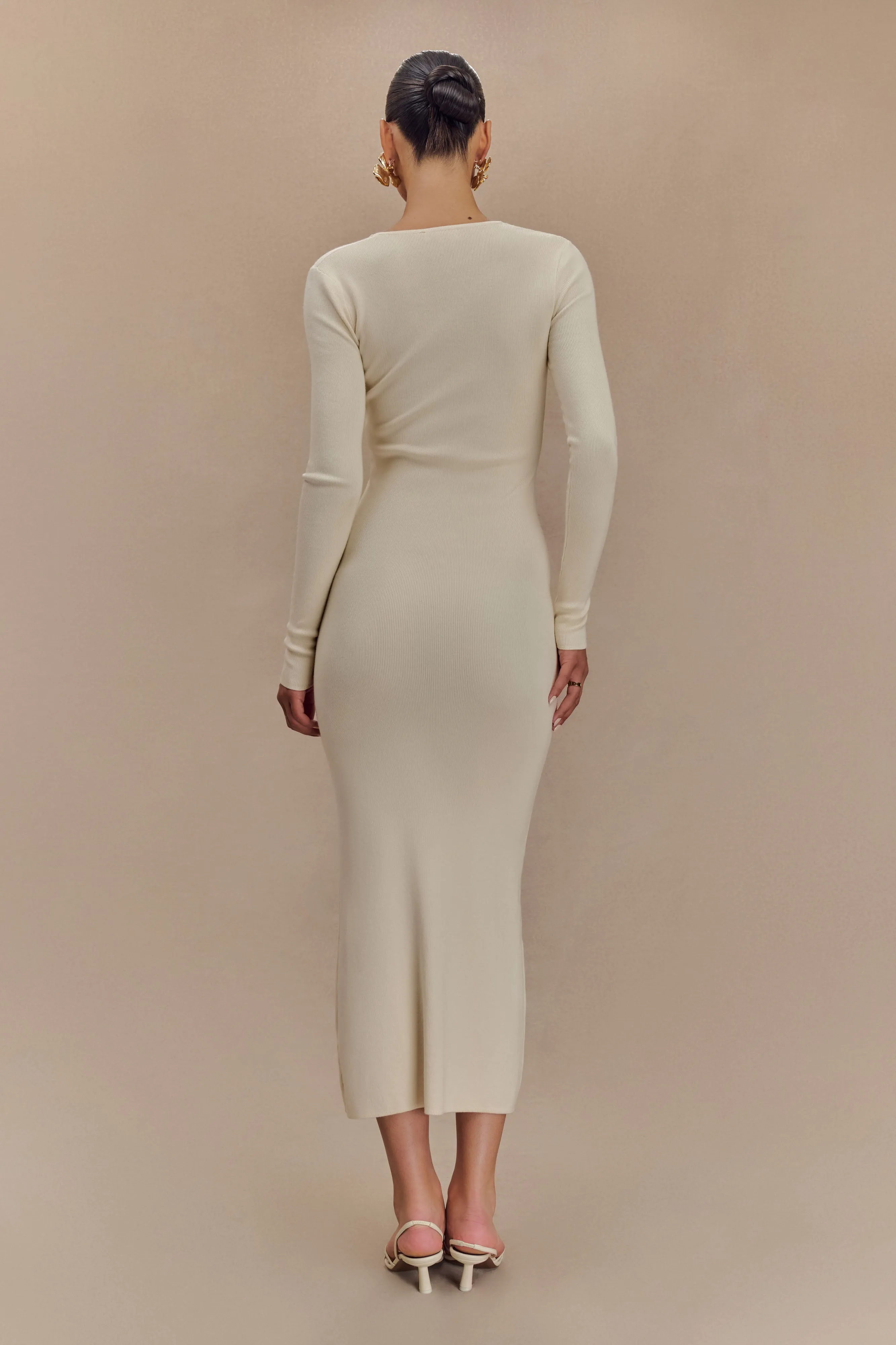 Theater-Night Natural Texture Mckenna Embroidered Knit Midi Dress - Cream And Ivory