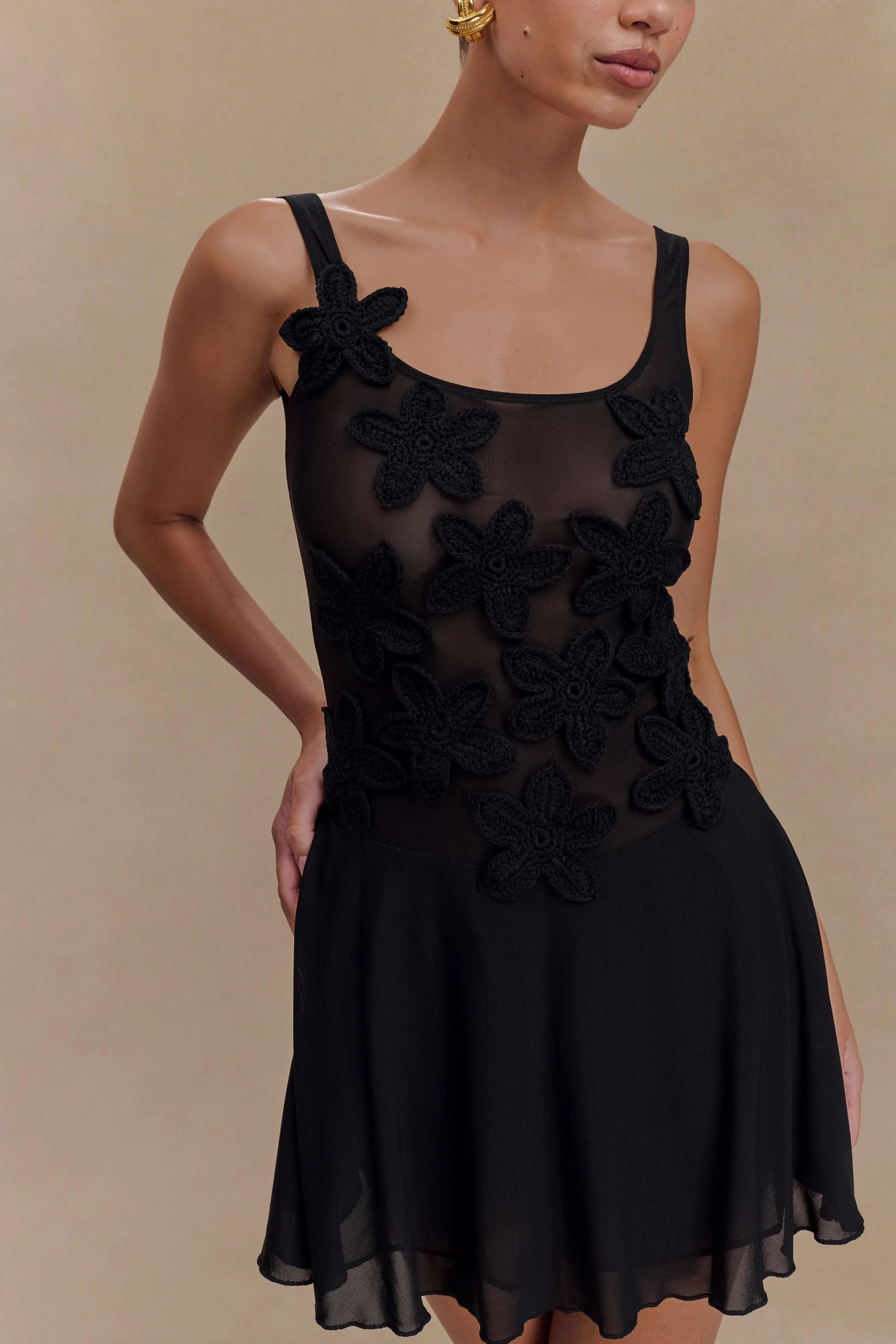 Melanie Mesh Mini Dress With Flowers - Black Elegant formal outfit