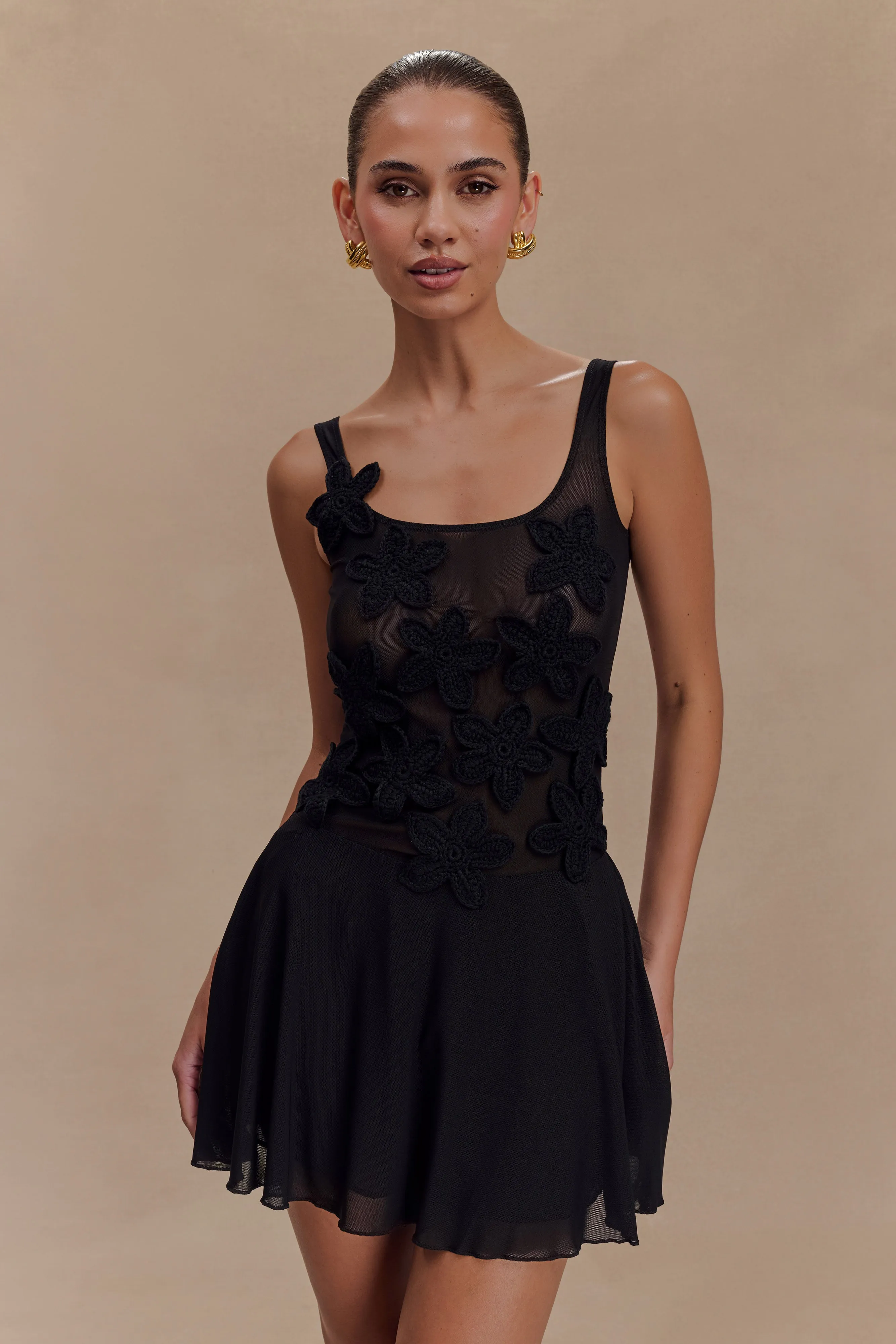 Sun-Protective Calm Grace Melanie Mesh Mini Dress With Flowers - Black
