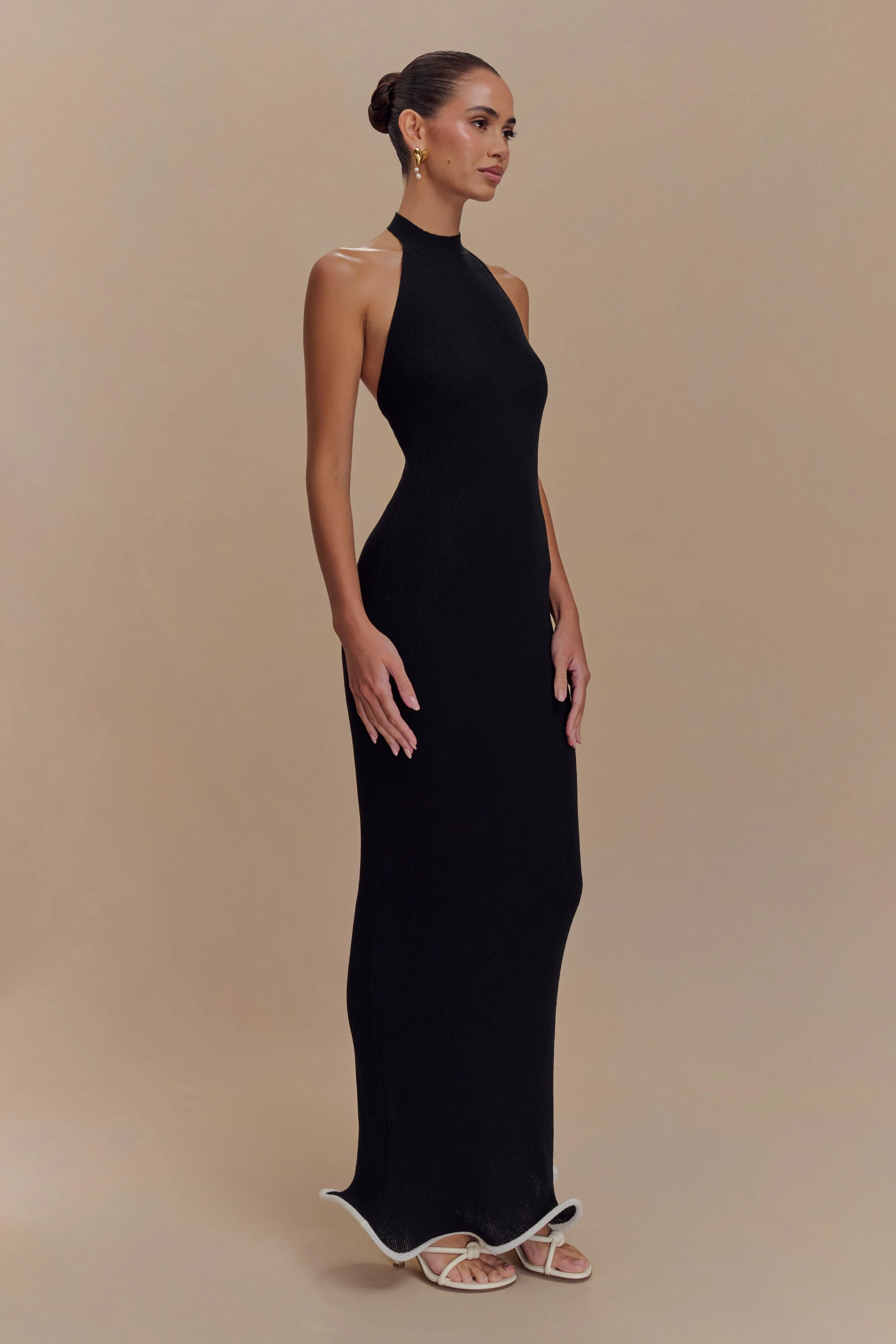 Melodie Halter Knit Maxi Dress - Black/White Layered Design Comfortable office piece
