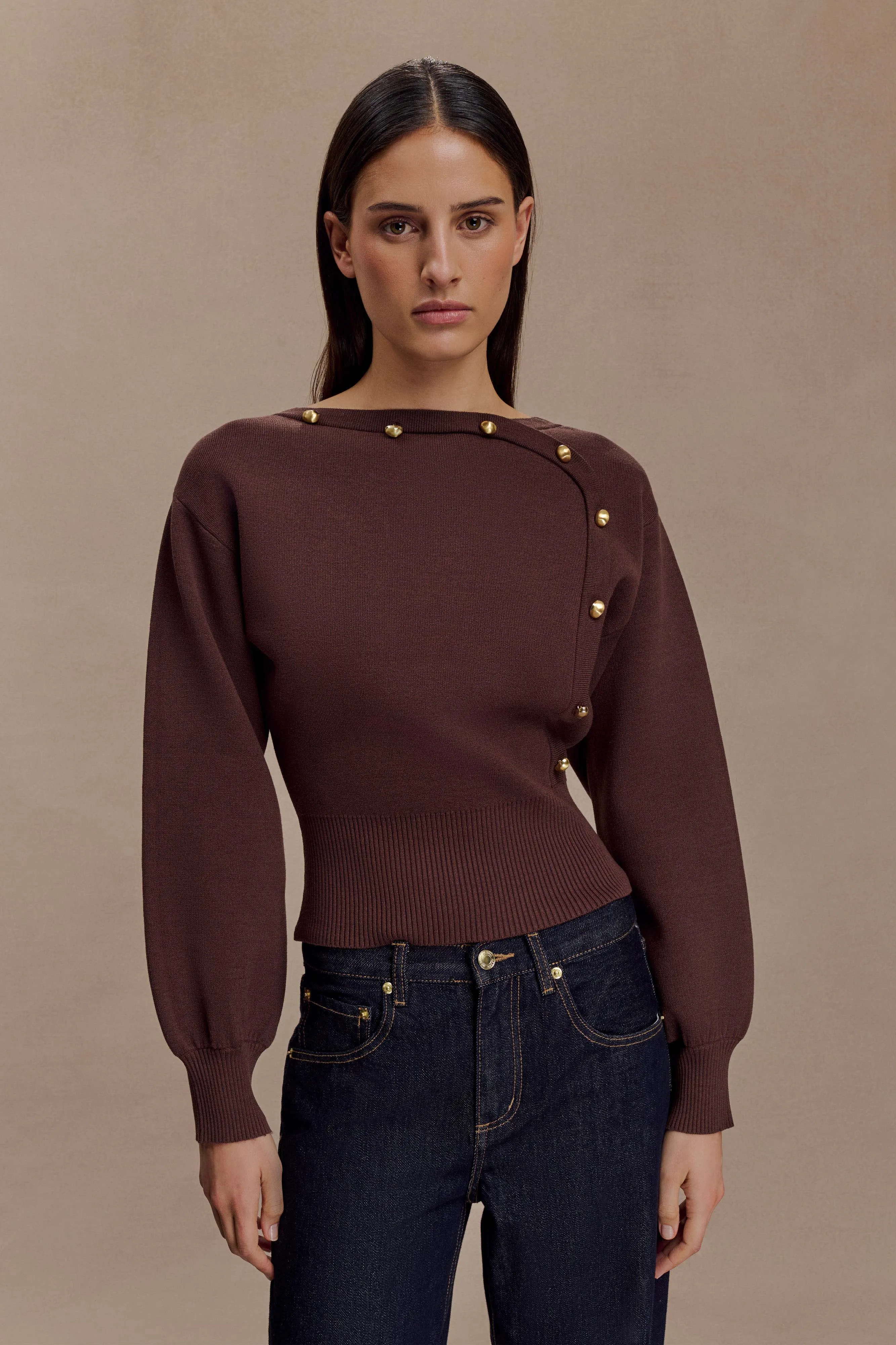 Microfiber Blend Layered Look Mertyle Aysmetrical Knit Jumper - Deep Chocolate
