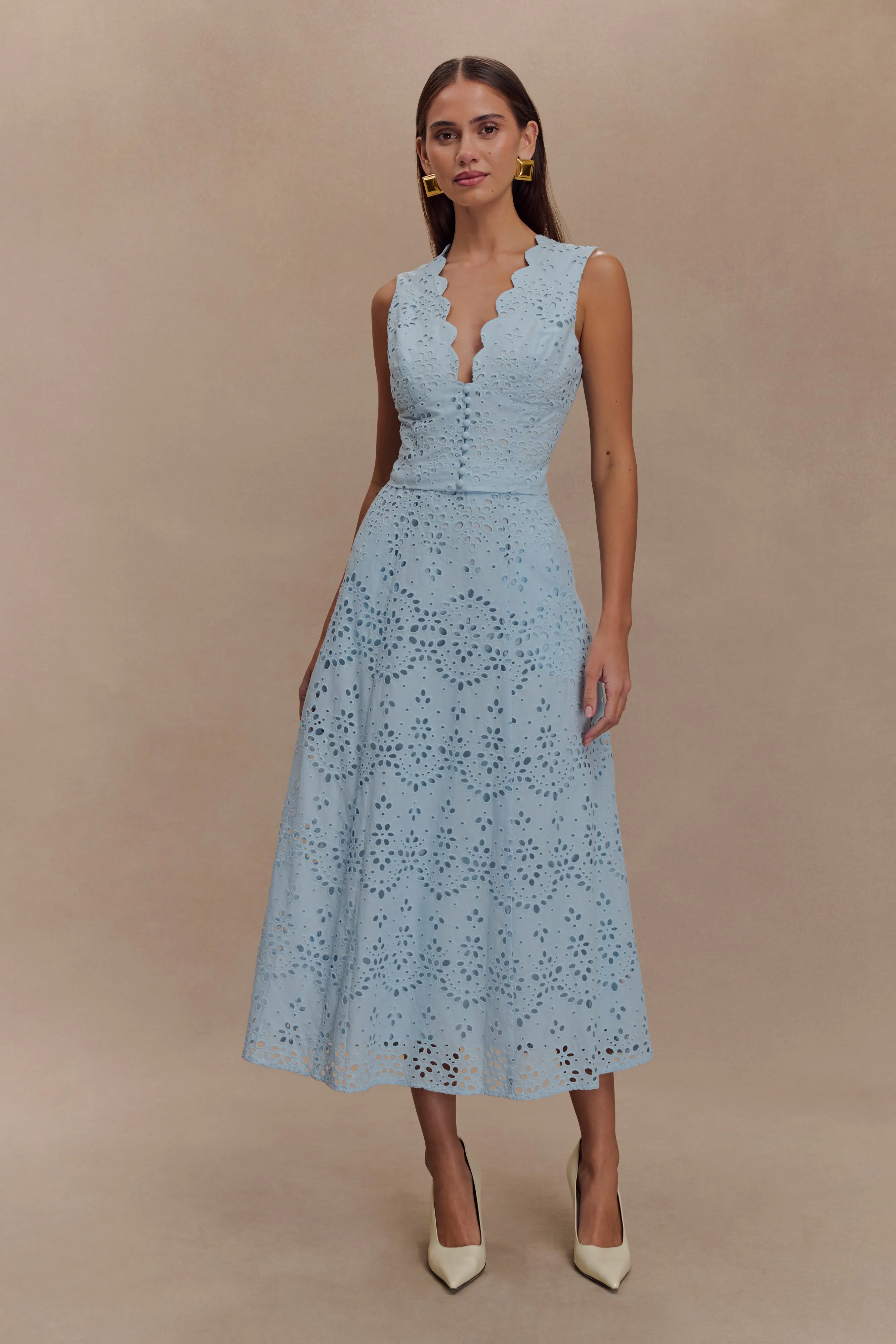 Arla Sleeveless Broderie Top - Pale Cornflower Blue Ventilated Back Panels