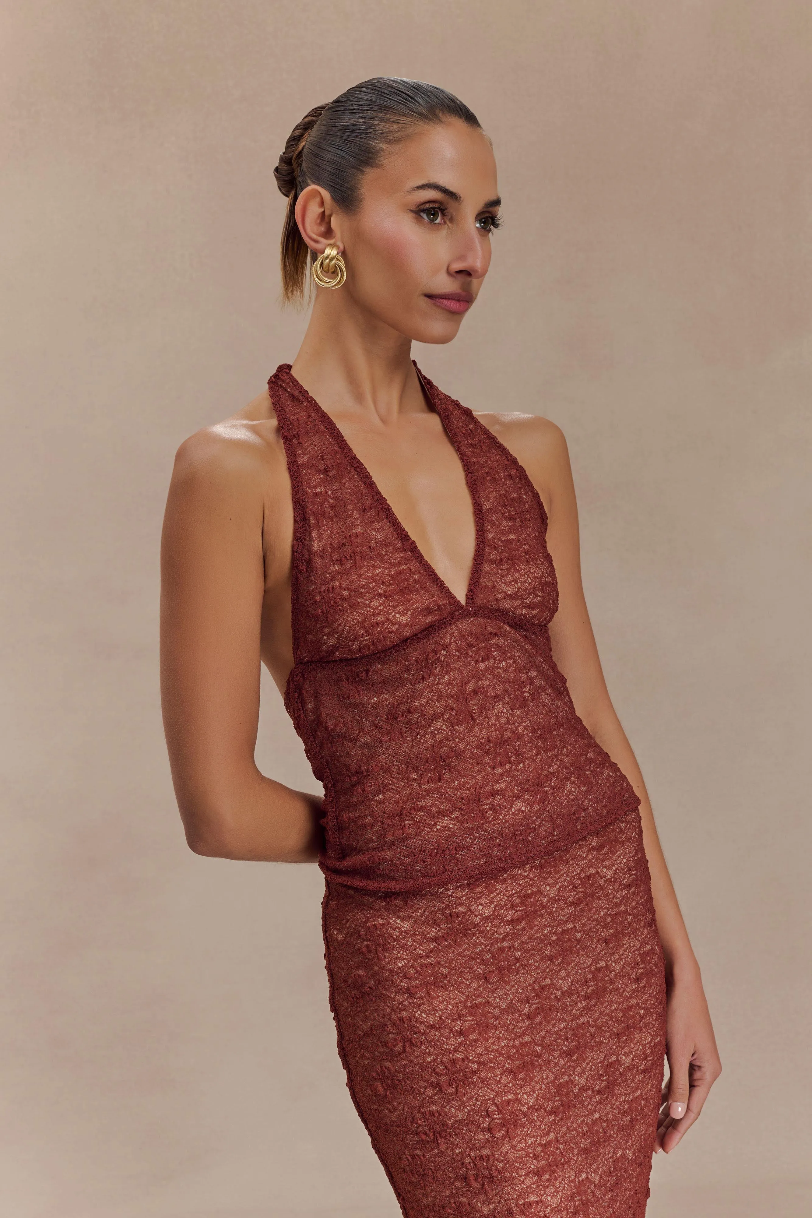 Comfortable Cut Asher Sheer Lace Halter Top - Chilli