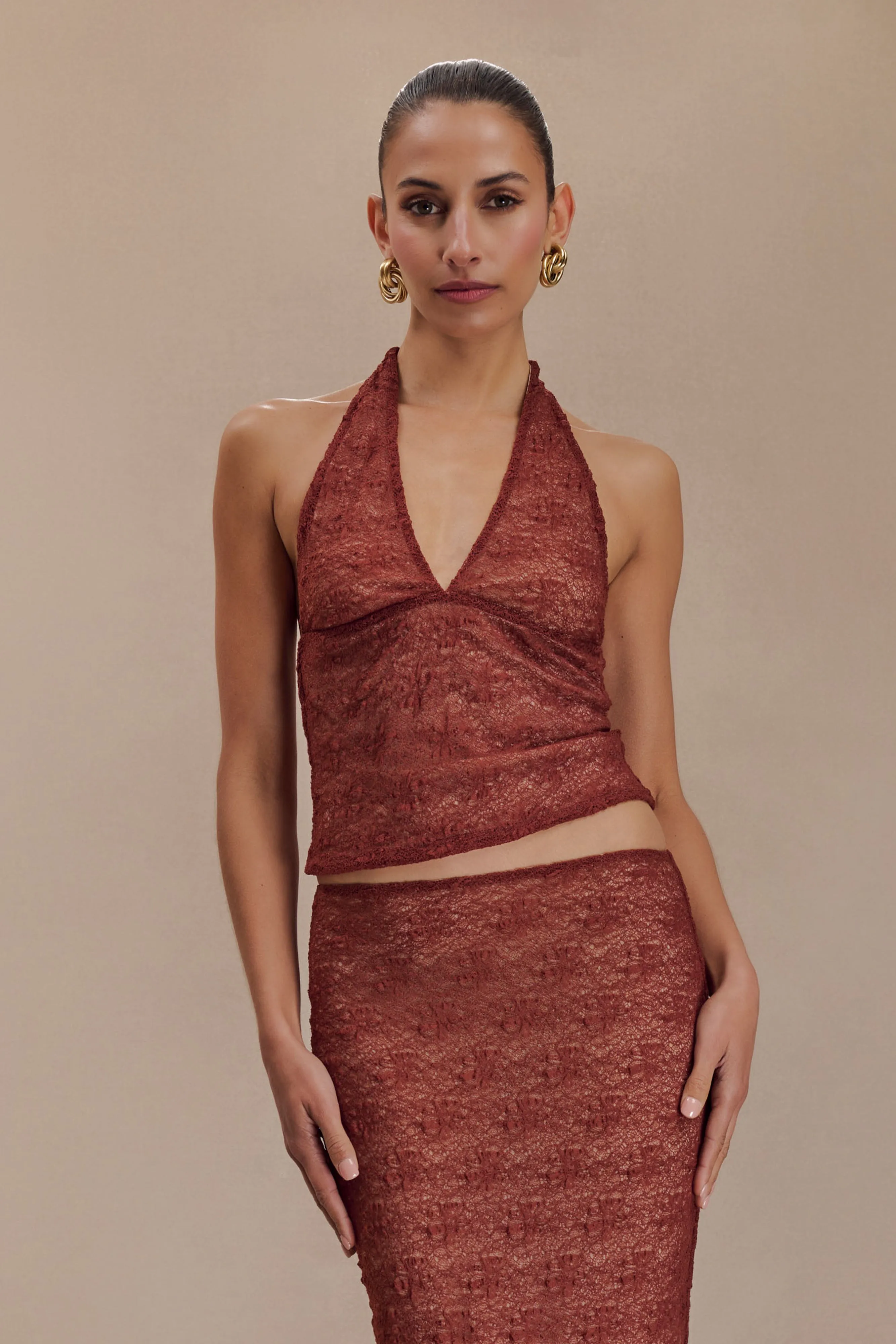 Asher Sheer Lace Halter Top - Chilli Hidden Pocket Design