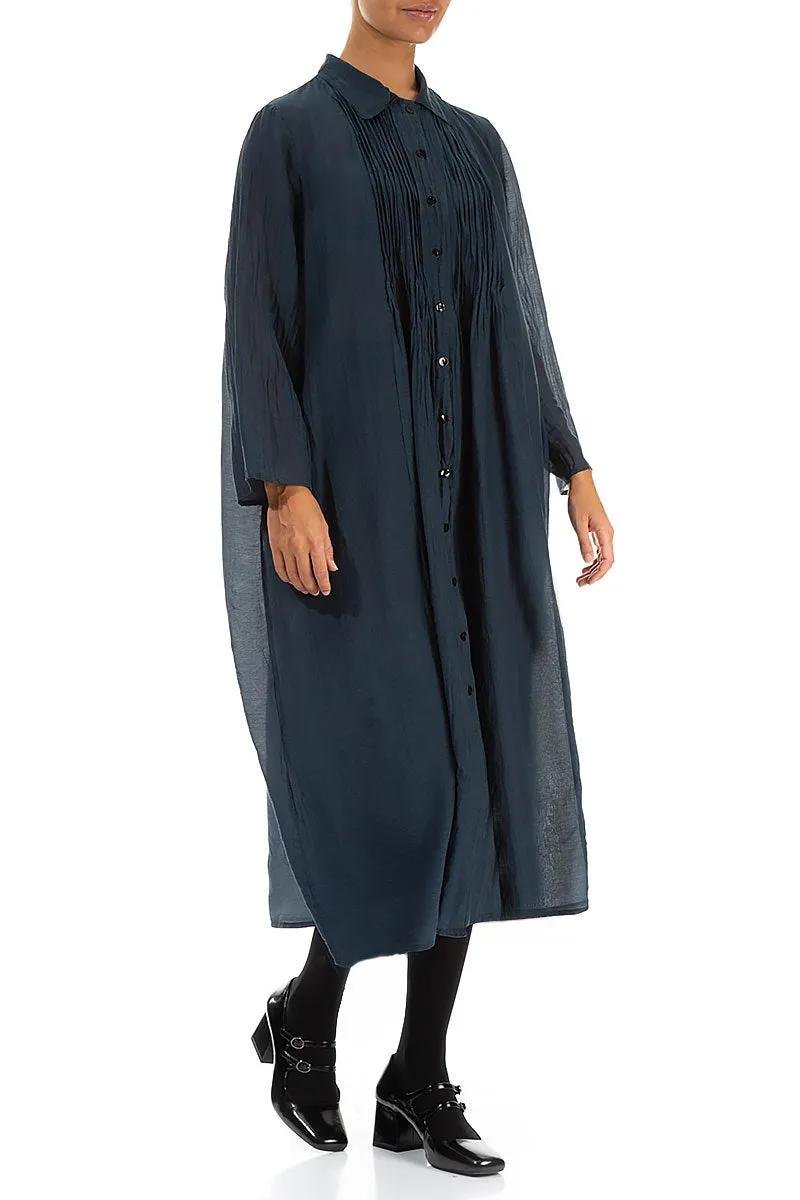 Midnight Blue Pintuck Silk Cotton Jacket Dress RubberizedTrim