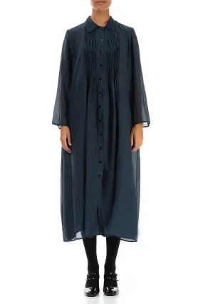 Double Stitch Seams Midnight Blue Pintuck Silk Cotton Jacket Dress