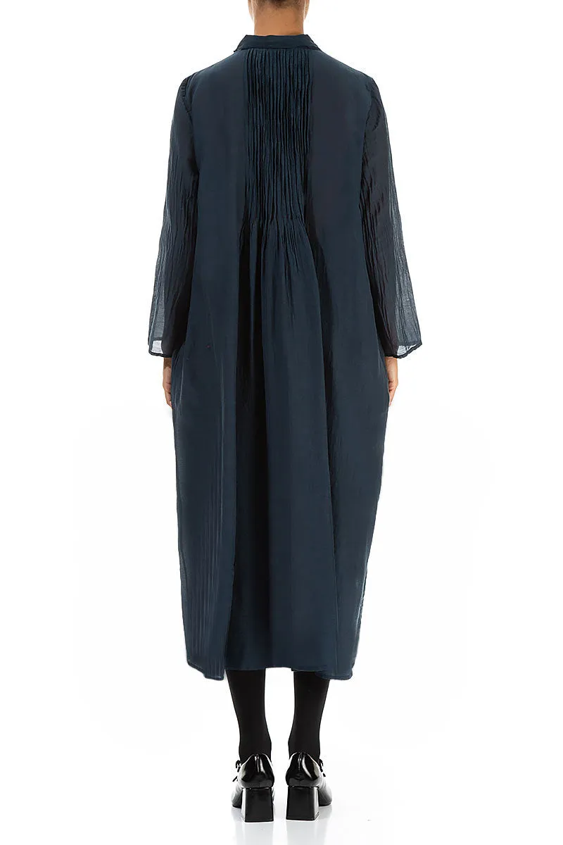 Midnight Blue Pintuck Silk Cotton Jacket Dress Stylish Comfort