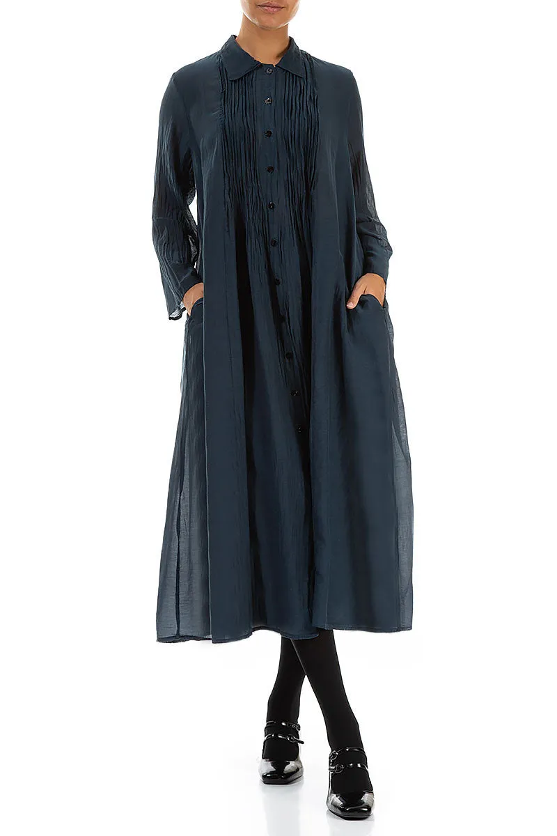 Solid Color Fleece Lined Interior Midnight Blue Pintuck Silk Cotton Jacket Dress