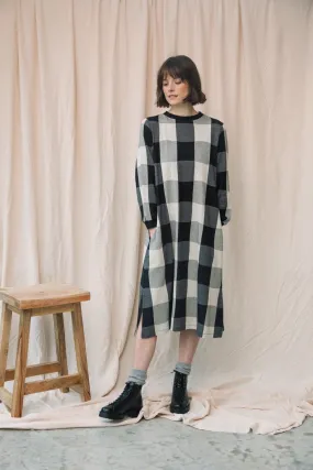 Work Fitwear Miki-Cay Organic Cotton Knitted Check Dress in Black and Ecru