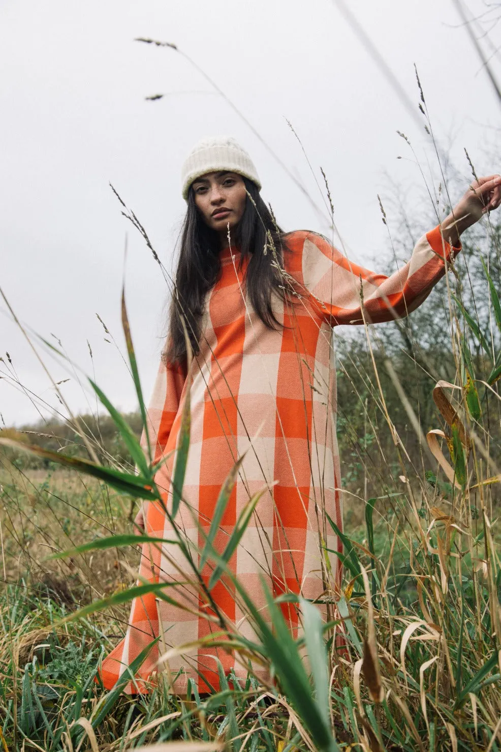 Simple Texture Luxe Touch Miki-Cay Organic Cotton Knitted Check Dress in Brick and Sand