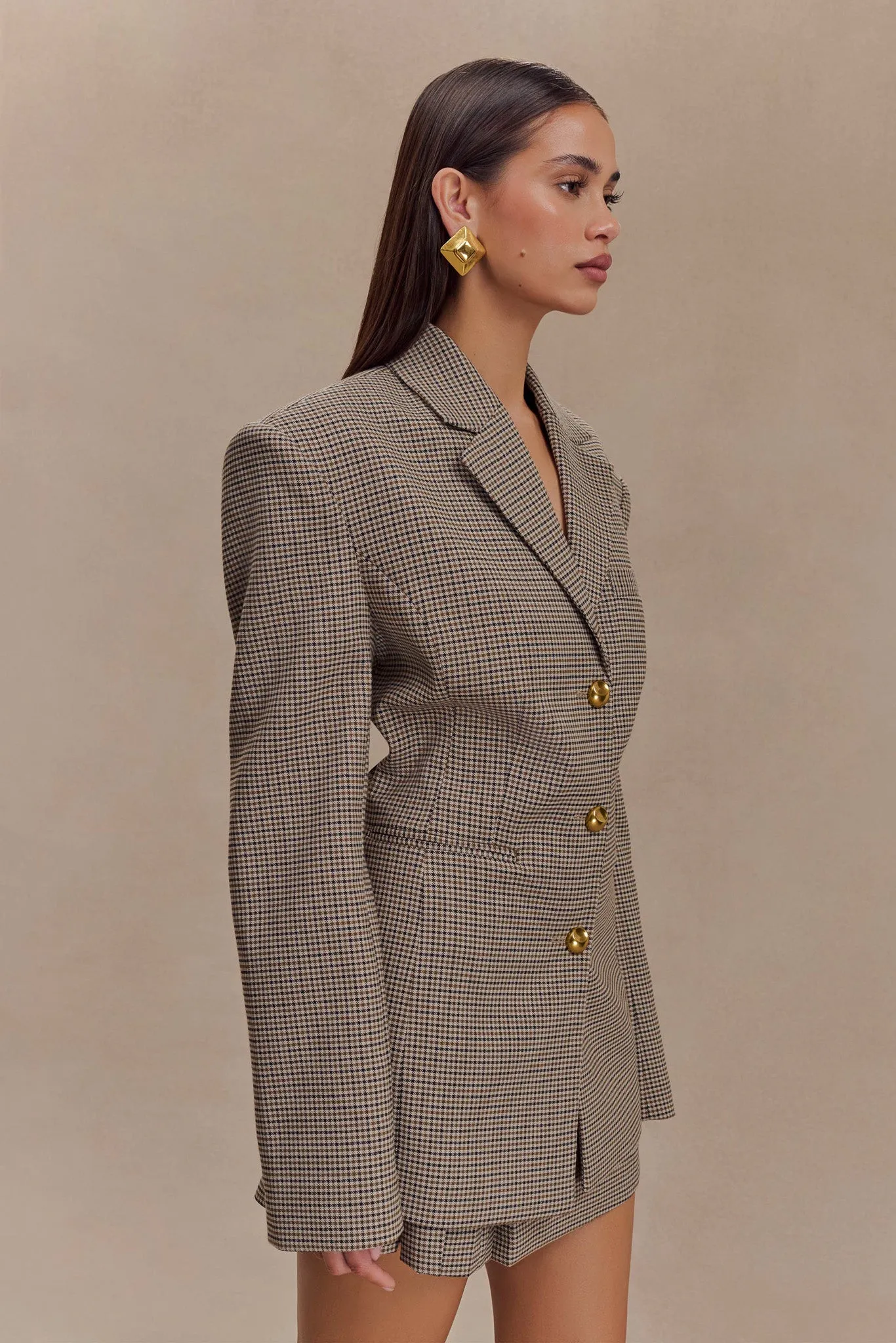 Mila Shaped Blazer - Tan Check Compact Design
