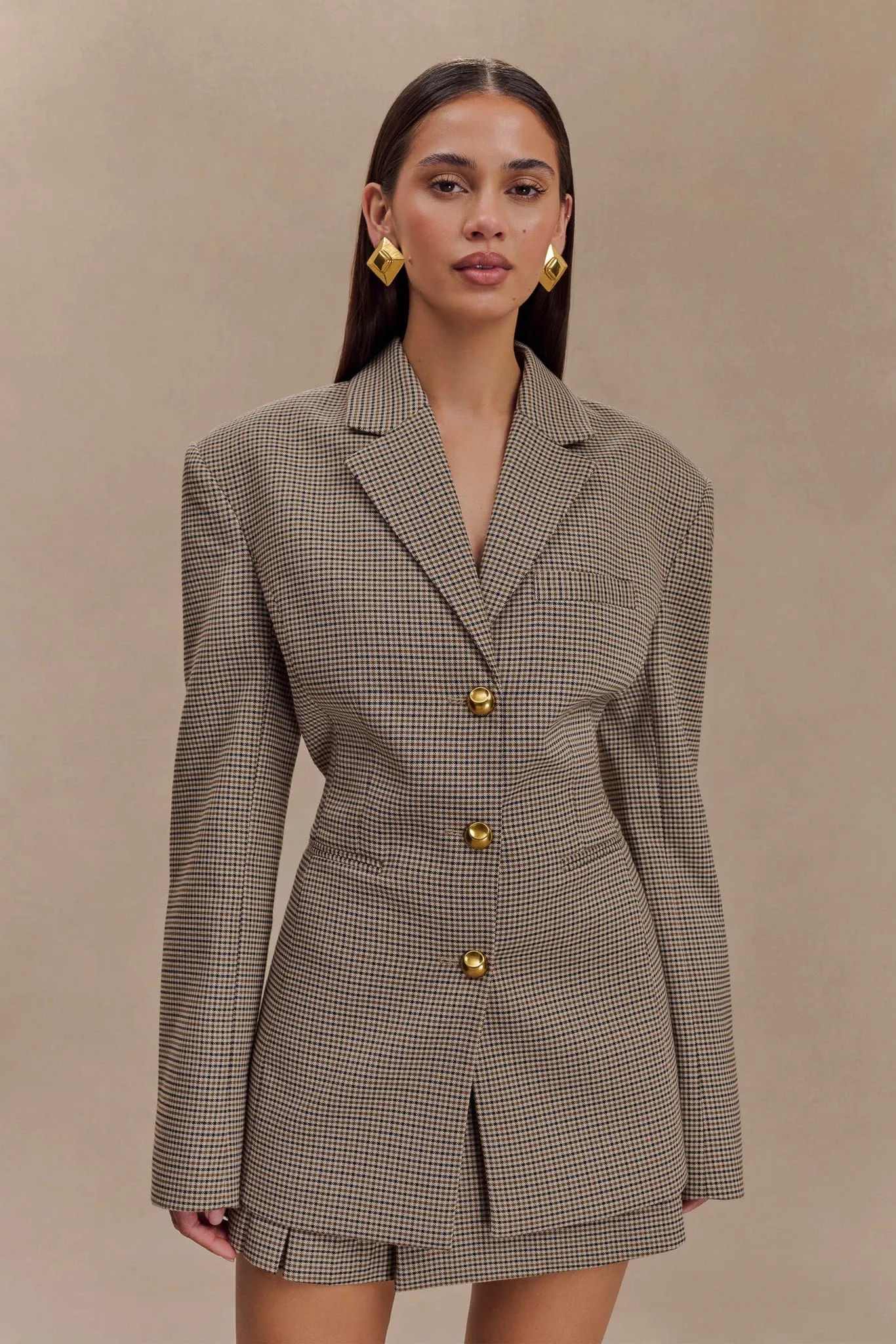 Secure Internal Pockets Weather Proof Mila Shaped Blazer - Tan Check