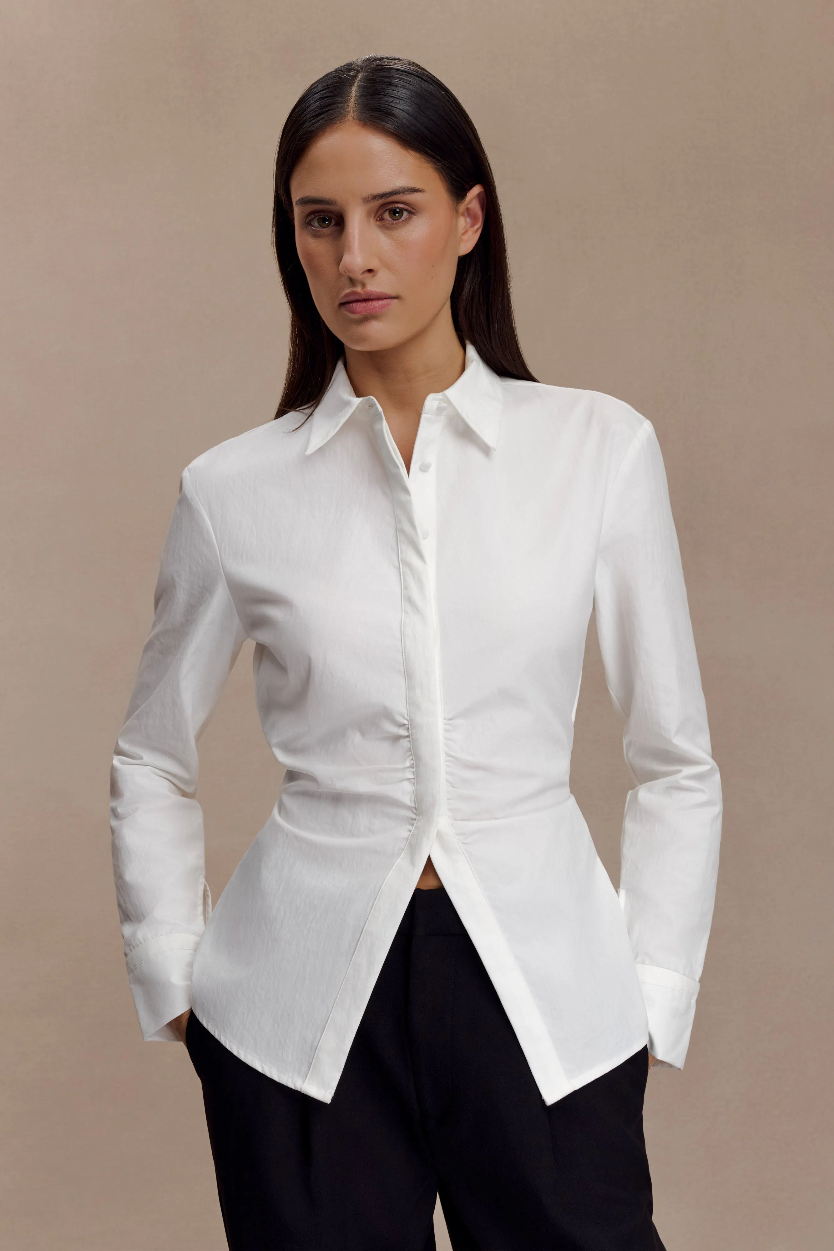 Non Restrictive Armhole Cut Multi Directional Zipper Placement Millie Tie Back Cotton Shirt - White