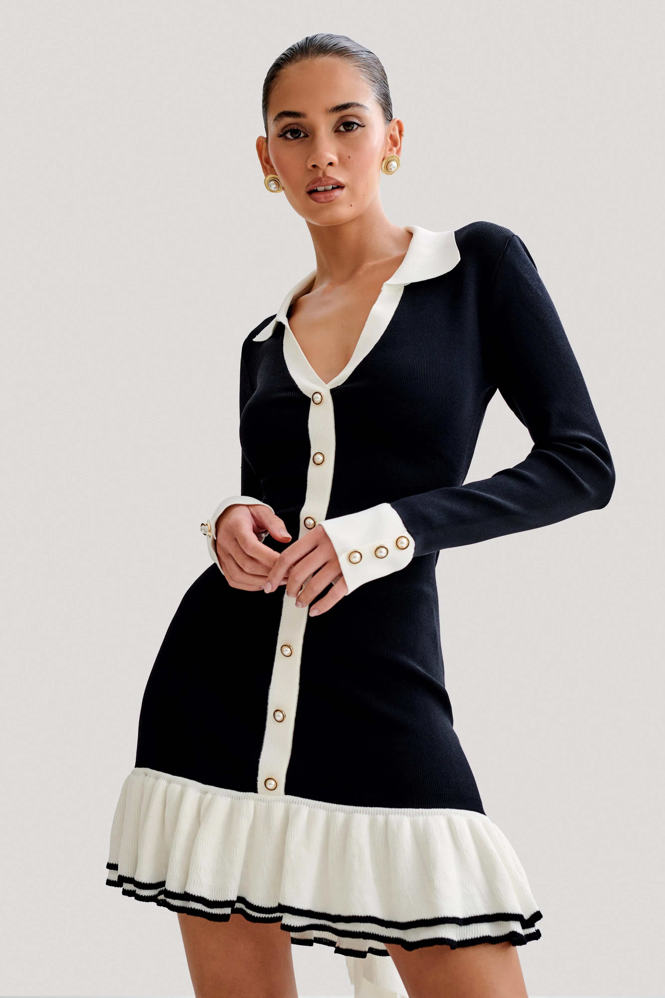 Square Neck Cozy Tones Pareesa Contrast Frill Mini Dress - Black
