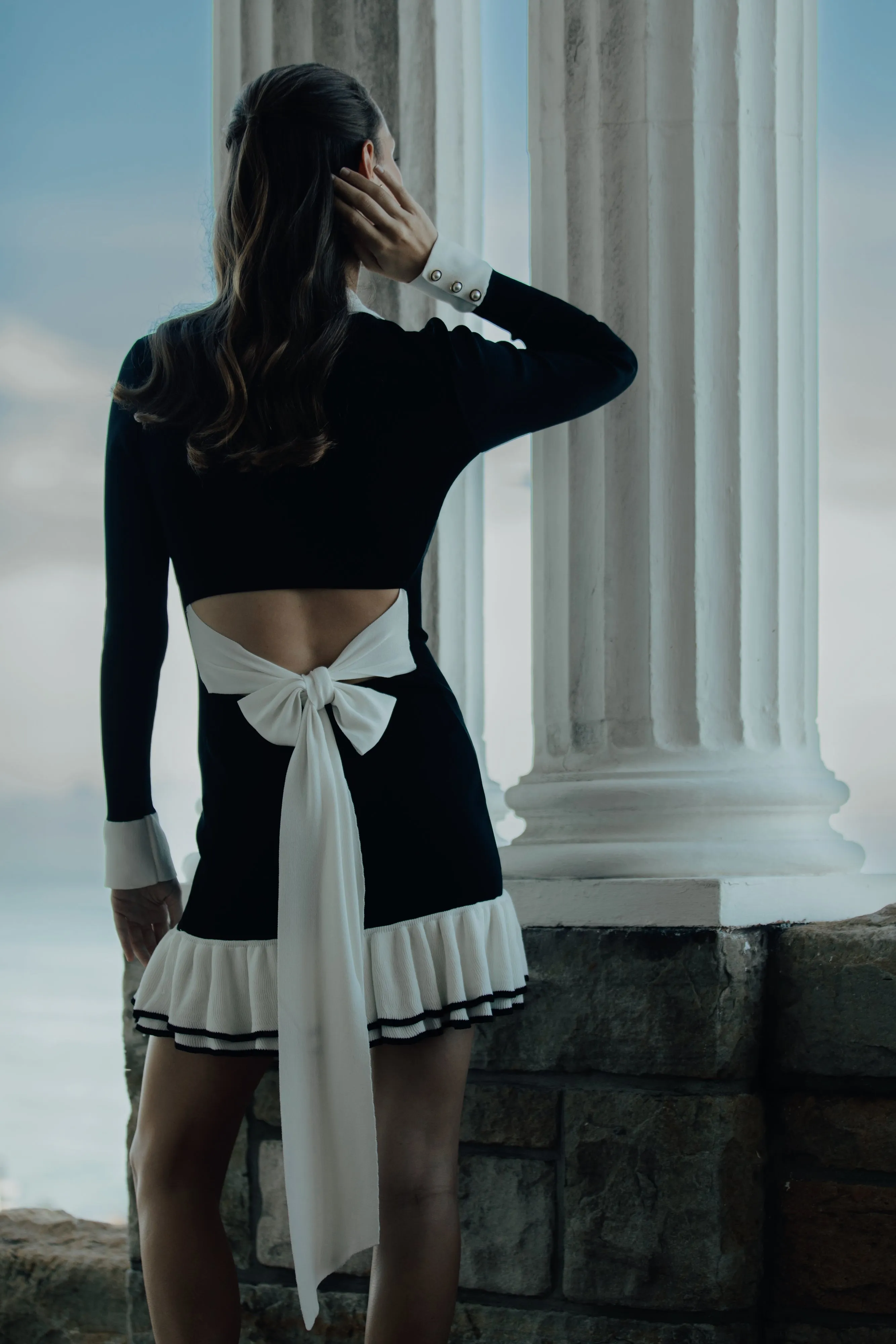 Fluid Cut Premium Quality Pareesa Contrast Frill Mini Dress - Black