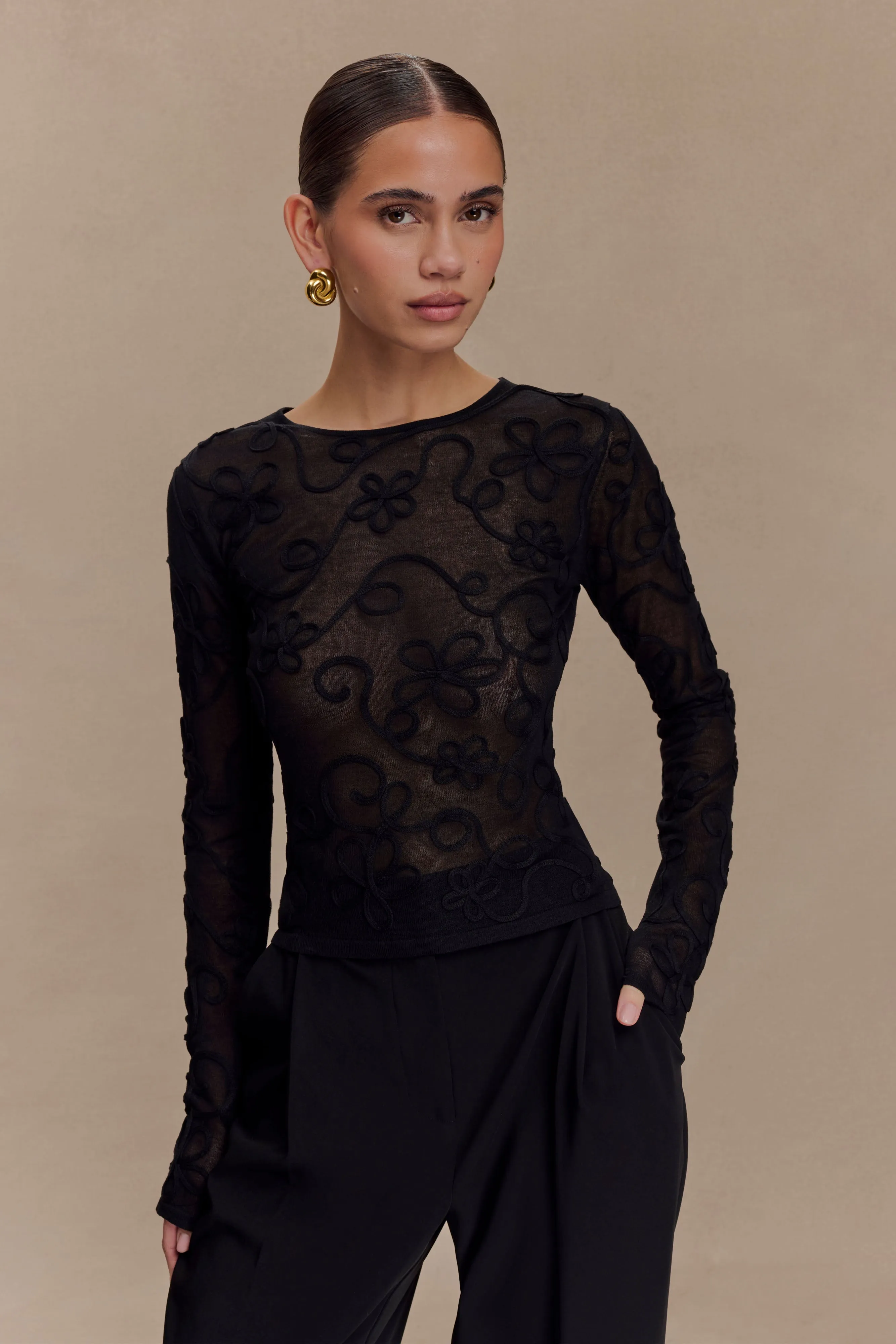 Quick Access Pockets Elegant Look Omari Embroidery Long Sleeve Knit Top - Black