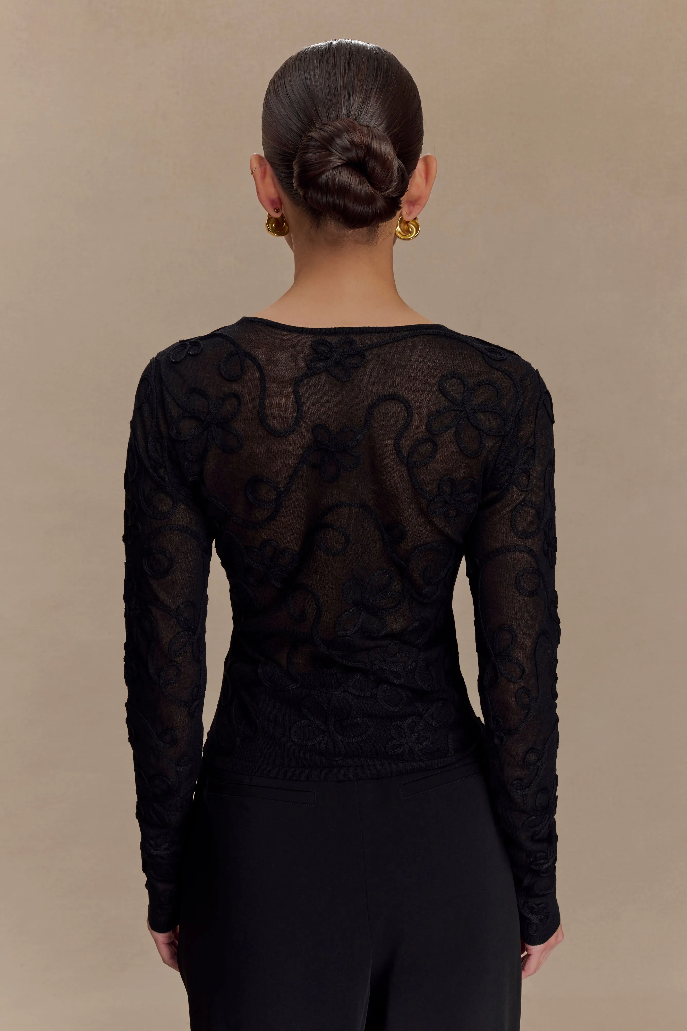 Omari Embroidery Long Sleeve Knit Top - Black Taped Neckline HiddenPocket