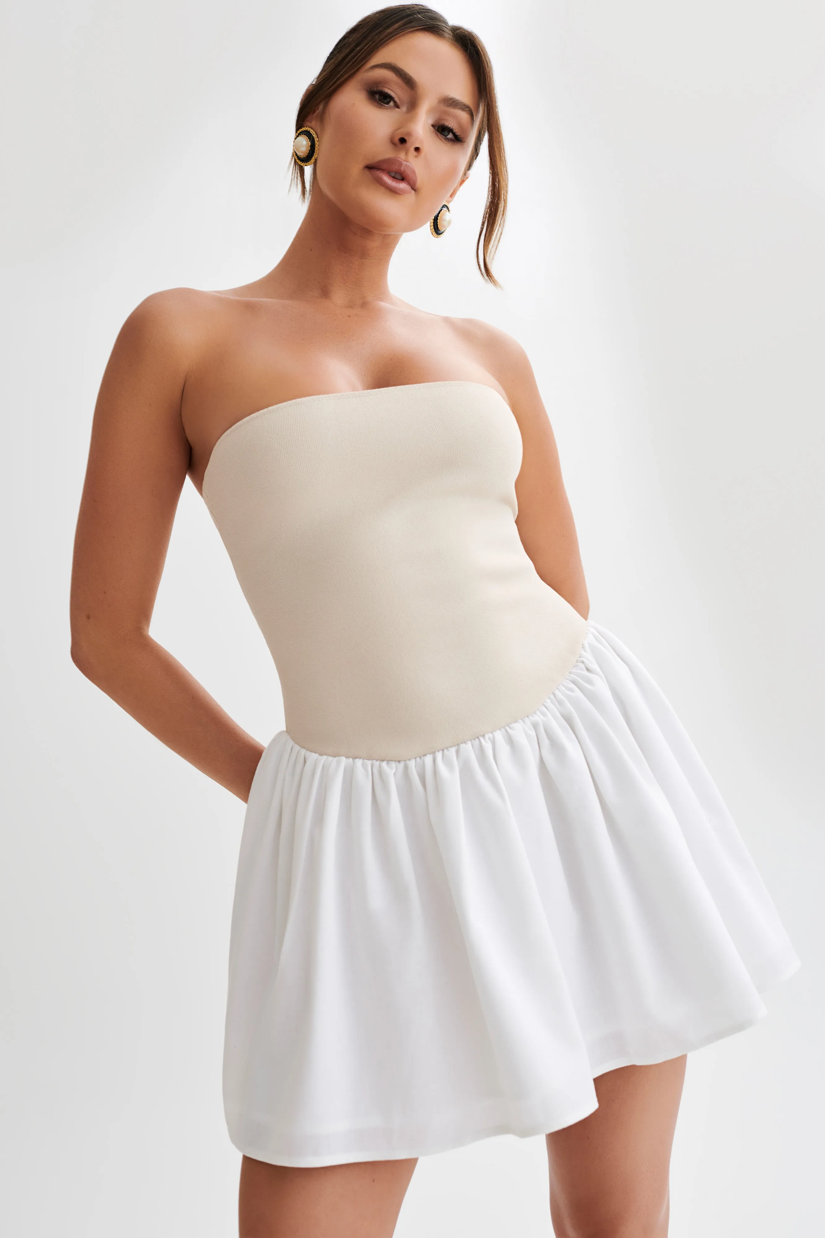 Hannah Knit And Linen Mini Dress - Natural/White Day Ready Look Festive Wear