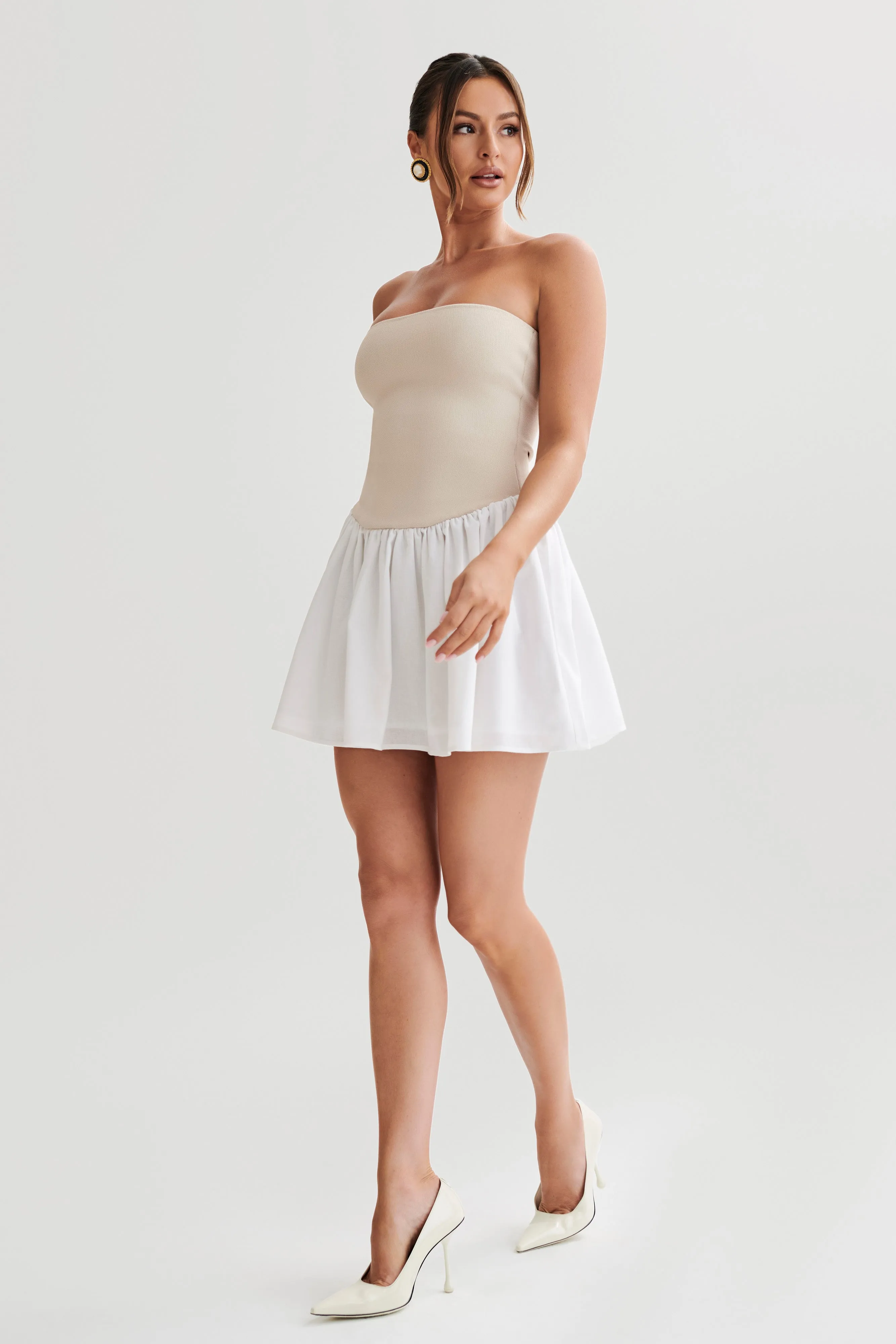 Fashionable Style Cool Motion Hannah Knit And Linen Mini Dress - Natural/White
