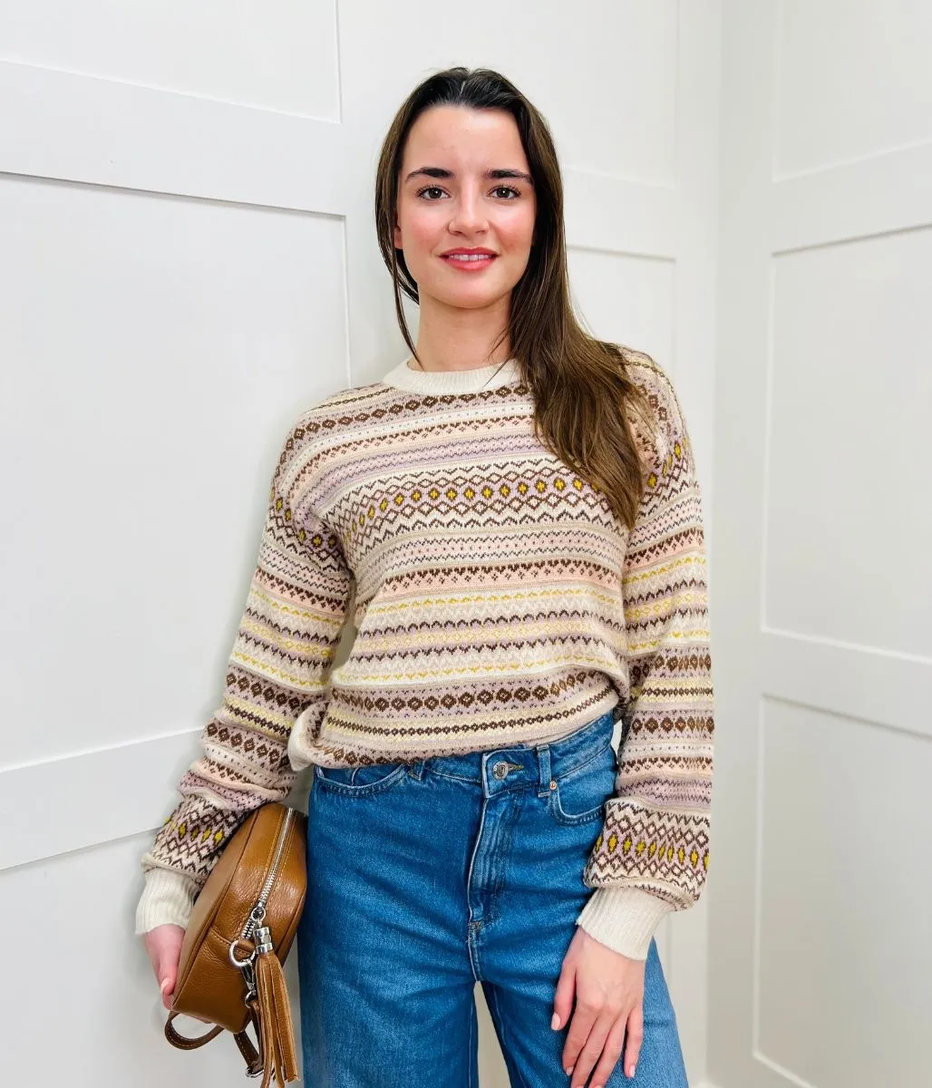 Stretchable Fabric Casual Comfort Layer Mocha Fairisle Pattern Jumper