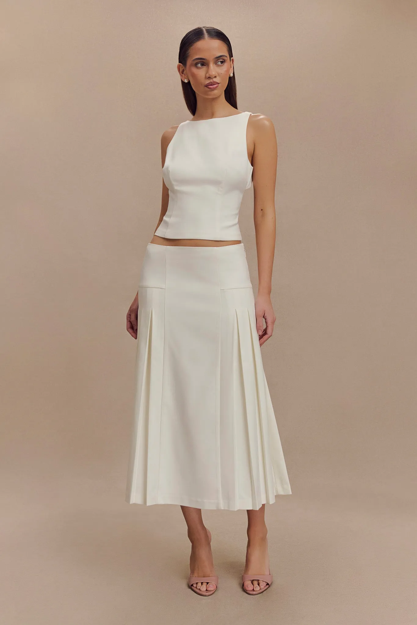 Brigette Pleated Midi Skirt - Ivory HighWaistSupport